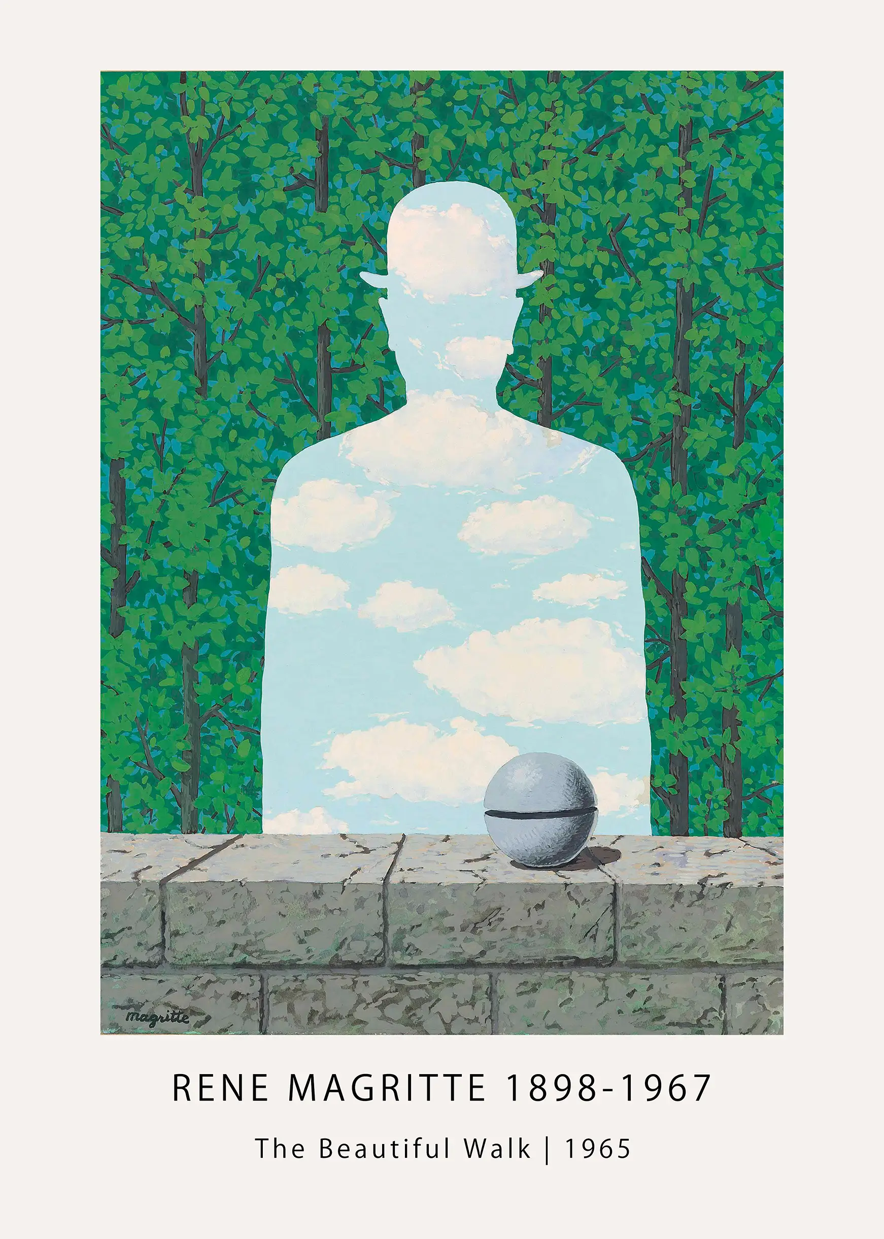 Rene Magritte Print - The Beautiful Walk 1965 Surrealist Wall Art Rene Magritte Print Of The Beautiful Walk 1965 Featuring A Sky Silhouette Man In A Bowler Hat And Green Forest.