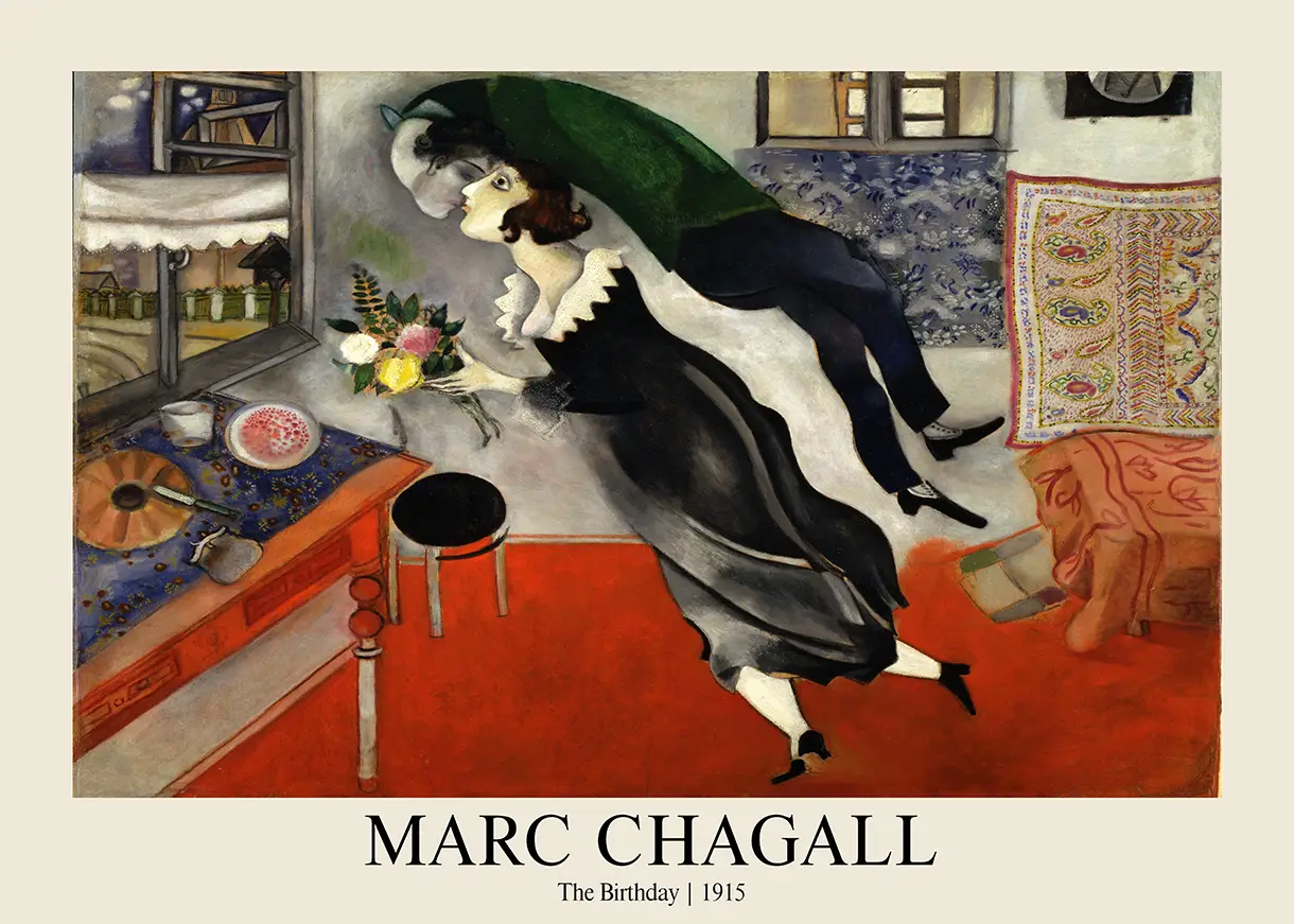 Classic Marc Chagall The Birthday - 1915 Surrealist Romance Wall Art Marc Chagall The Birthday 1915 Painting Showing Floating Lovers Kissing Over A Bright Red Floor In A Vintage Room.