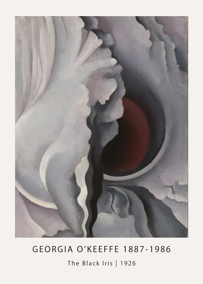 Black Iris Georgia O'Keeffe 1926 painting showing close-up petals in dark purple and black tones on cream background.