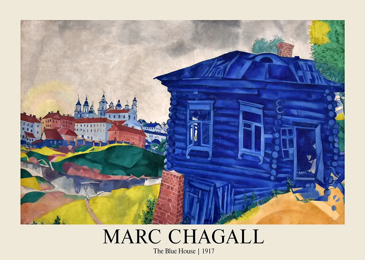 Authentic Marc Chagall Blue House - 1917 Expressionist Art Poster Print Marc Chagall Blue House 1917 Painting Showing A Vivid Blue Log Cabin Against A Grey Sky And Distant Town.