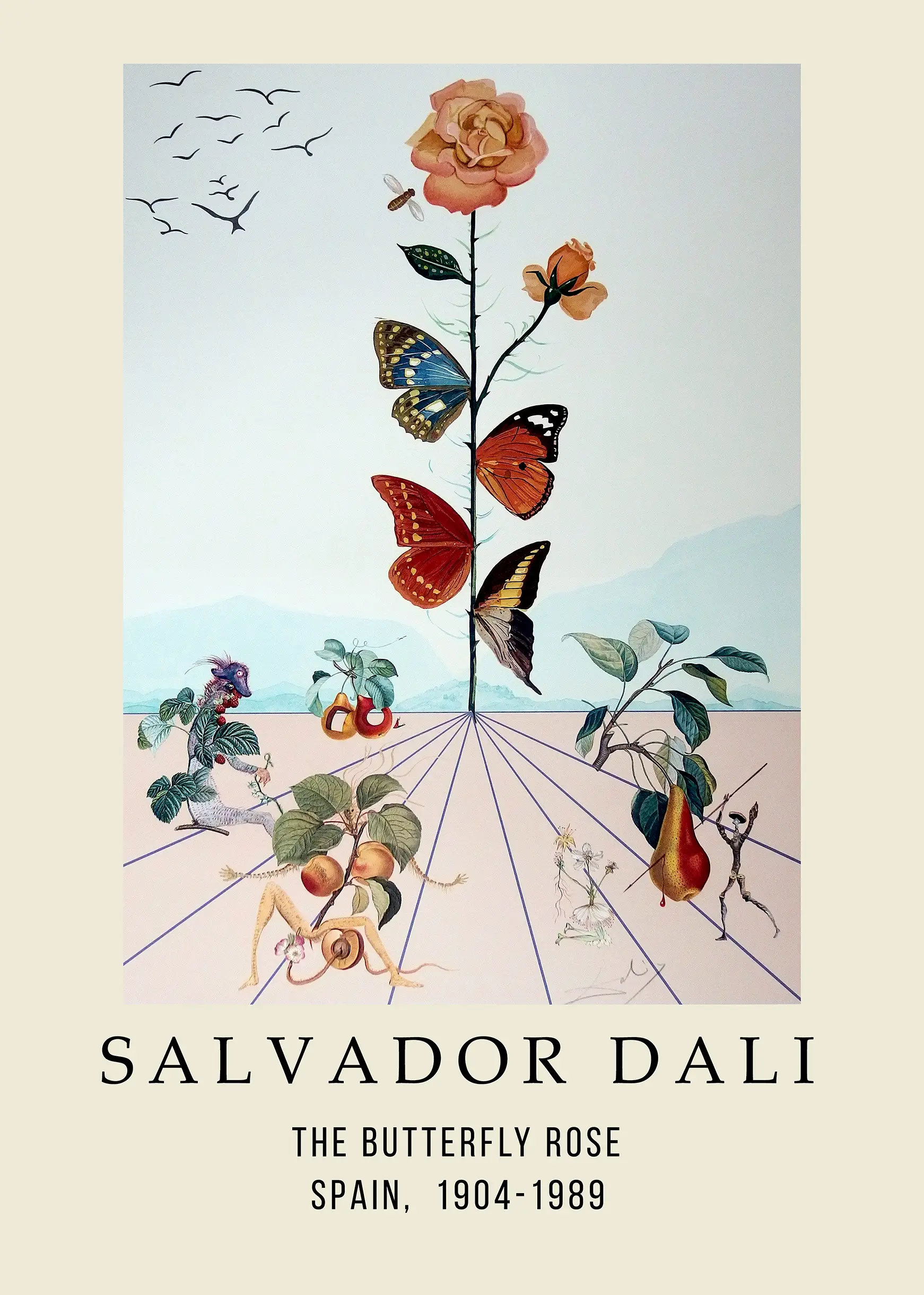 Classic Salvador Dali Butterfly Rose - Surrealist Exhibition Art Poster Salvador Dali Butterfly Rose Featuring A Central Flower Stem With Butterflies, Humanoid Pears, And Desert Perspective.