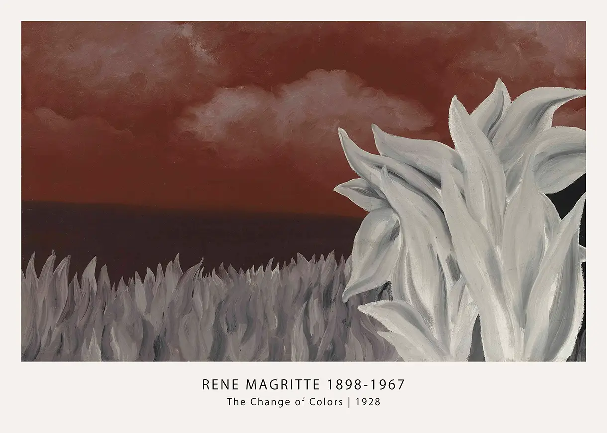 Classic Rene Magritte Print - 1928 The Change Of Colors Surrealist Art Rene Magritte Print Titled The Change Of Colors 1928 Showing Grey Foliage Against A Dark Reddish-Brown Cloudy Sky.