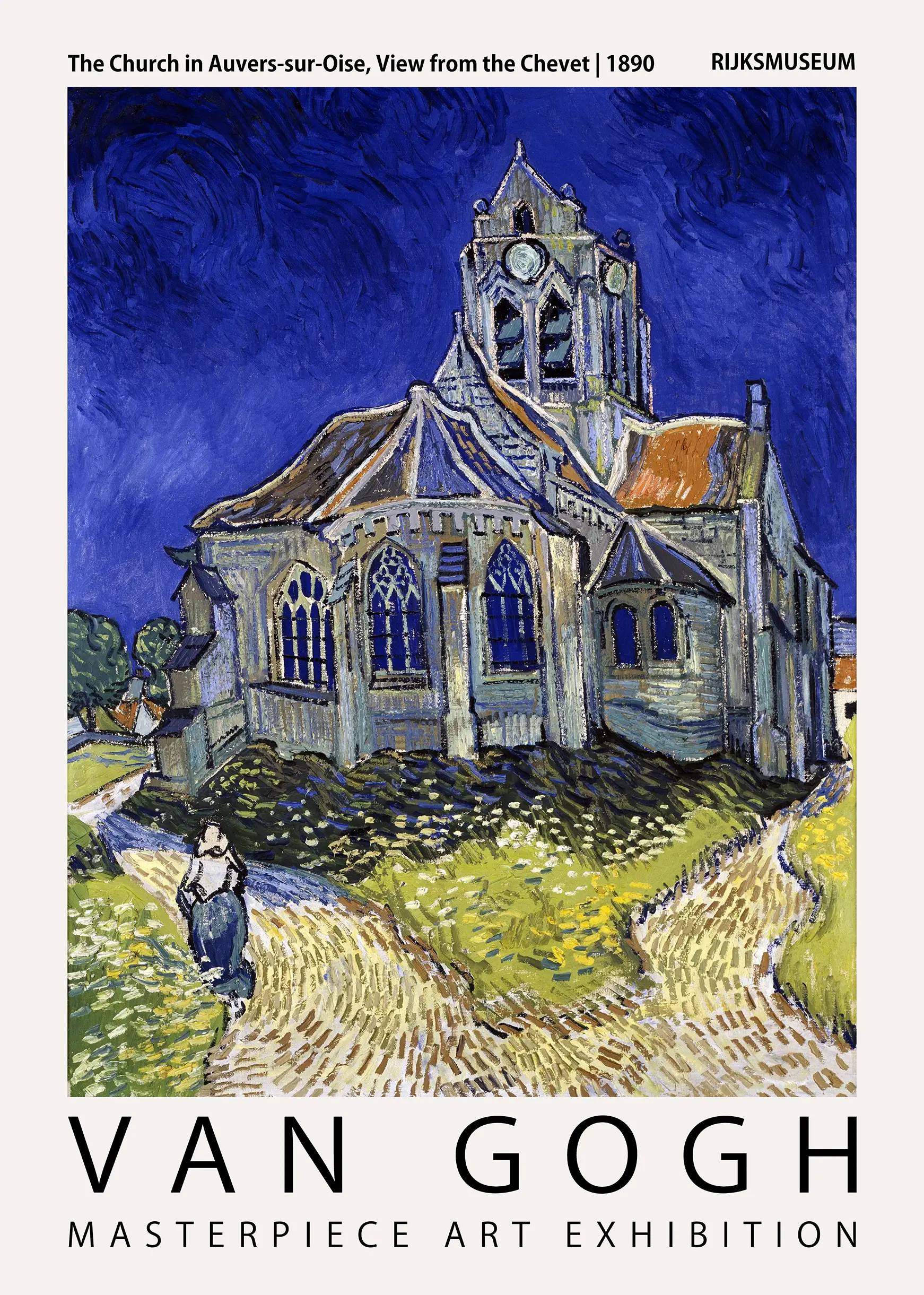 Van Gogh Church poster showing the 1890 Post-Impressionist painting of a French church under a swirling blue sky.