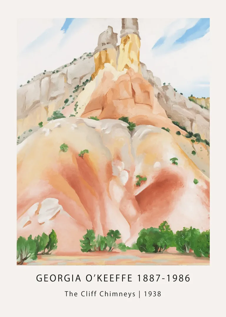 Georgia O'Keeffe print of The Cliff Chimneys 1938 showing desert rock formations in ochre, cream, and green shrubs.
