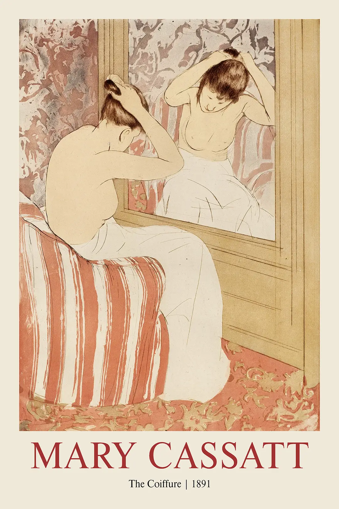 Authentic Mary Cassatt Coiffure Print - 1891 Impressionist Art Poster Mary Cassatt Coiffure Print Showing A Woman With Her Back Turned Arranging Her Hair While Looking Into A Vanity Mirror.