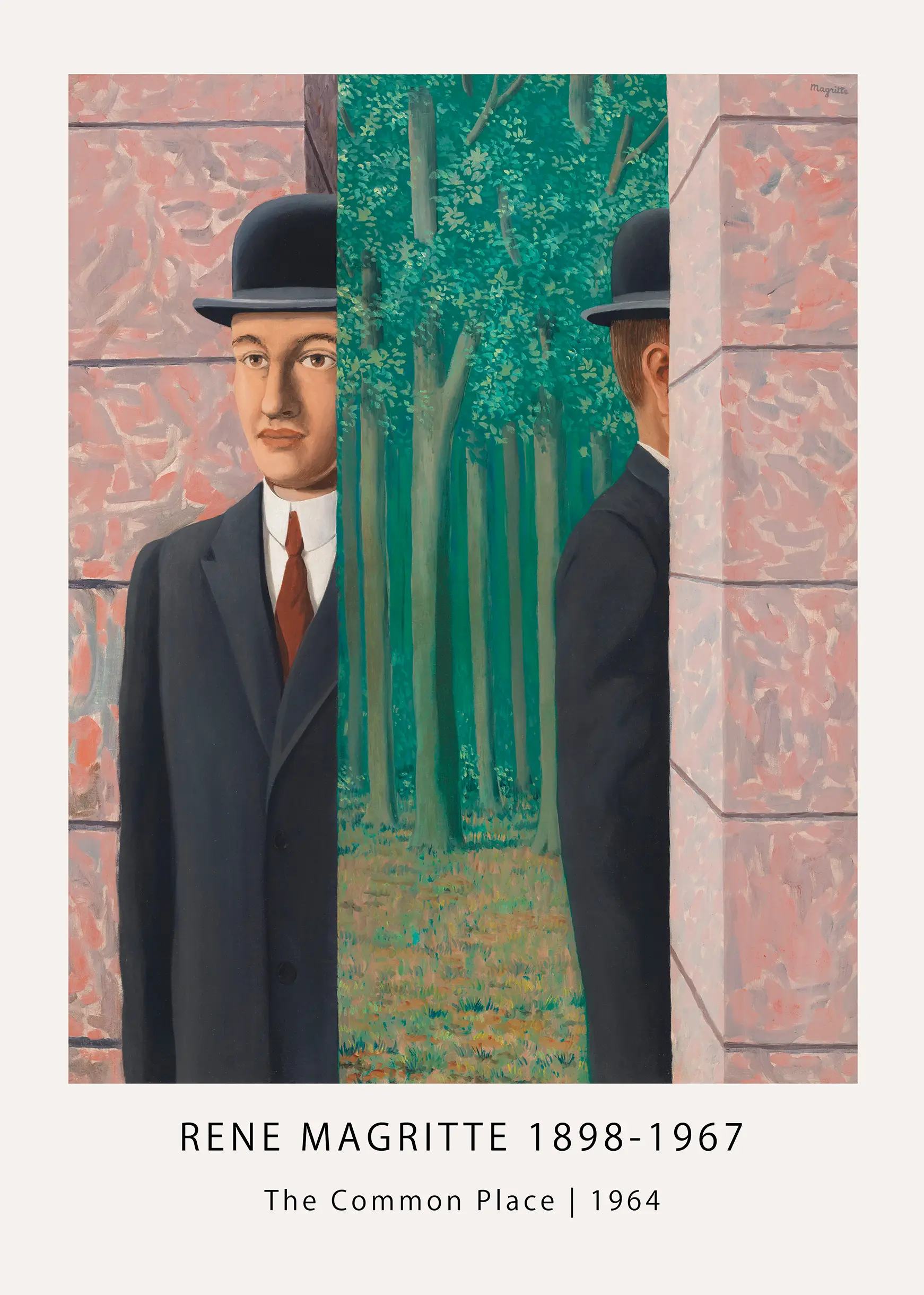 Authentic Rene Magritte Print - The Common Place 1964 Fine Art Poster Rene Magritte Print Showing The Common Place 1964 With A Man In A Bowler Hat Standing Between Stone Pillars And A Forest.