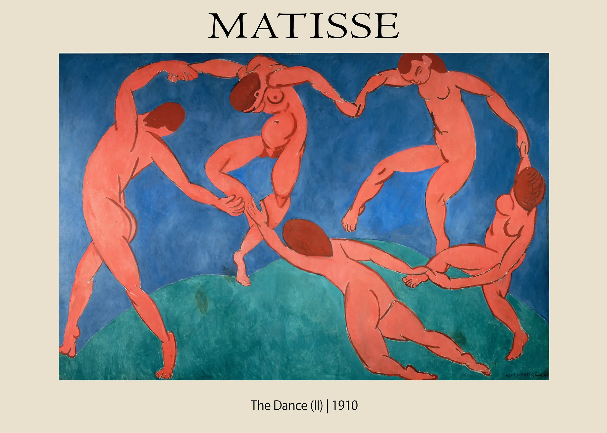 Matisse The Dance - 1910 Fauvism Henri Matisse Exhibition Art Print Matisse The Dance Painting Showing Five Red Figures Dancing In A Circle On A Green Hill With A Blue Background.