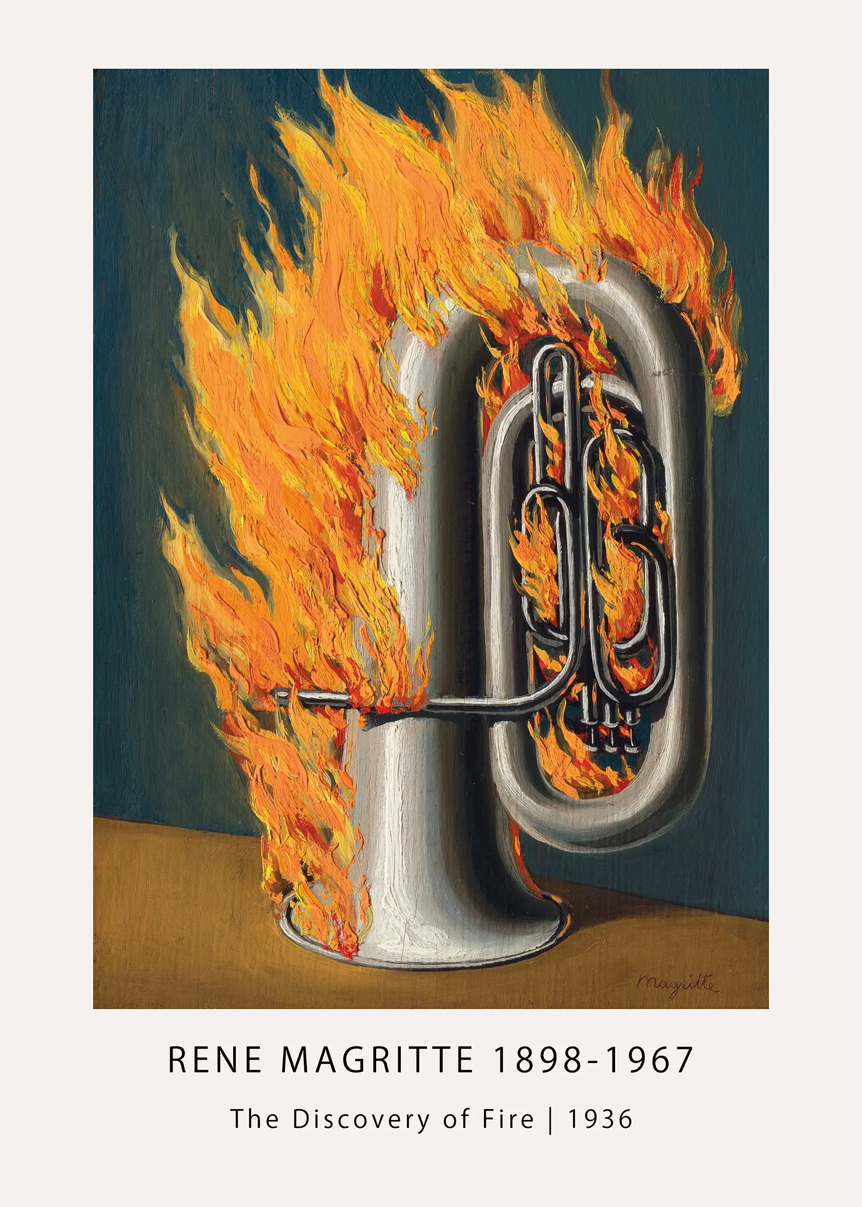 Classic Rene Magritte Poster - The Discovery Of Fire 1936 Surrealist Art Rene Magritte Poster Featuring A Silver Tuba Engulfed In Yellow And Orange Flames Against A Dark Blue Background.
