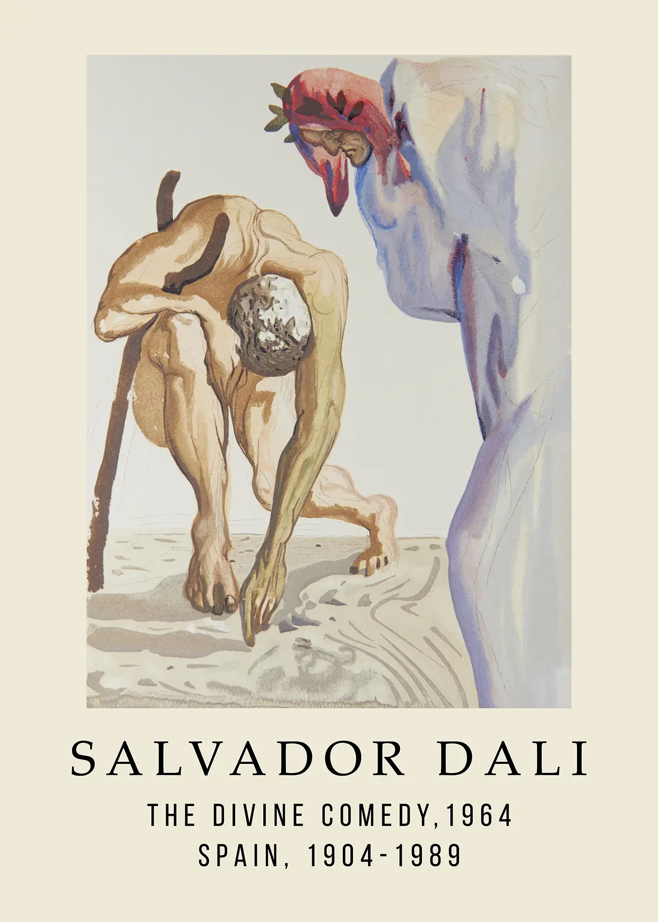 Exclusive Salvador Dalí Divine Comedy - 1964 Surrealist Art Print Salvador Dalí Divine Comedy Illustration Featuring A Hunched Muscular Figure And A Shrouded Guide In Surrealist Woodcut Style.