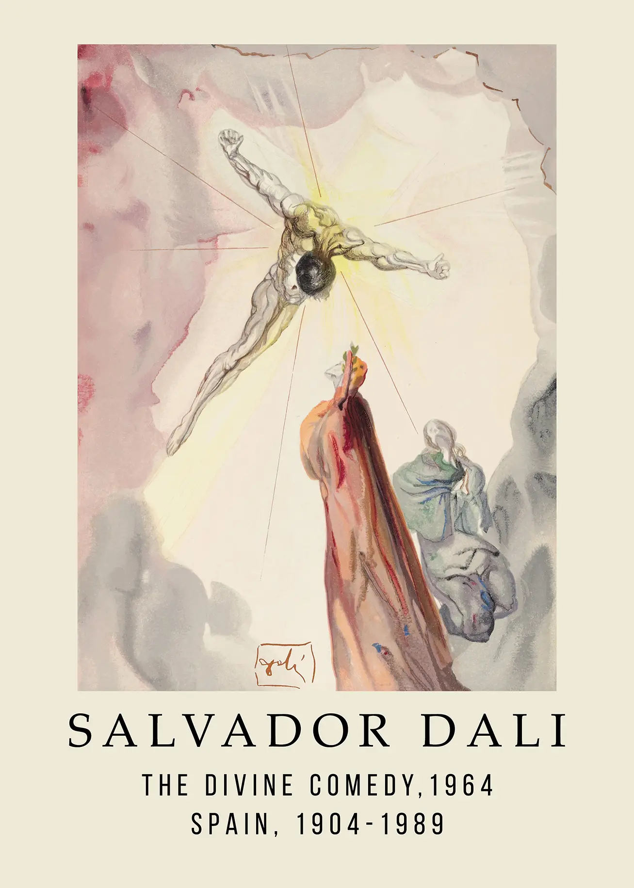 Authentic Salvador Dali Divine Comedy - 1964 Surrealist Art Poster Salvador Dali Divine Comedy 1964 Print Featuring A Radiant Figure In Clouds With Dante Alighieri In Watercolor Style.