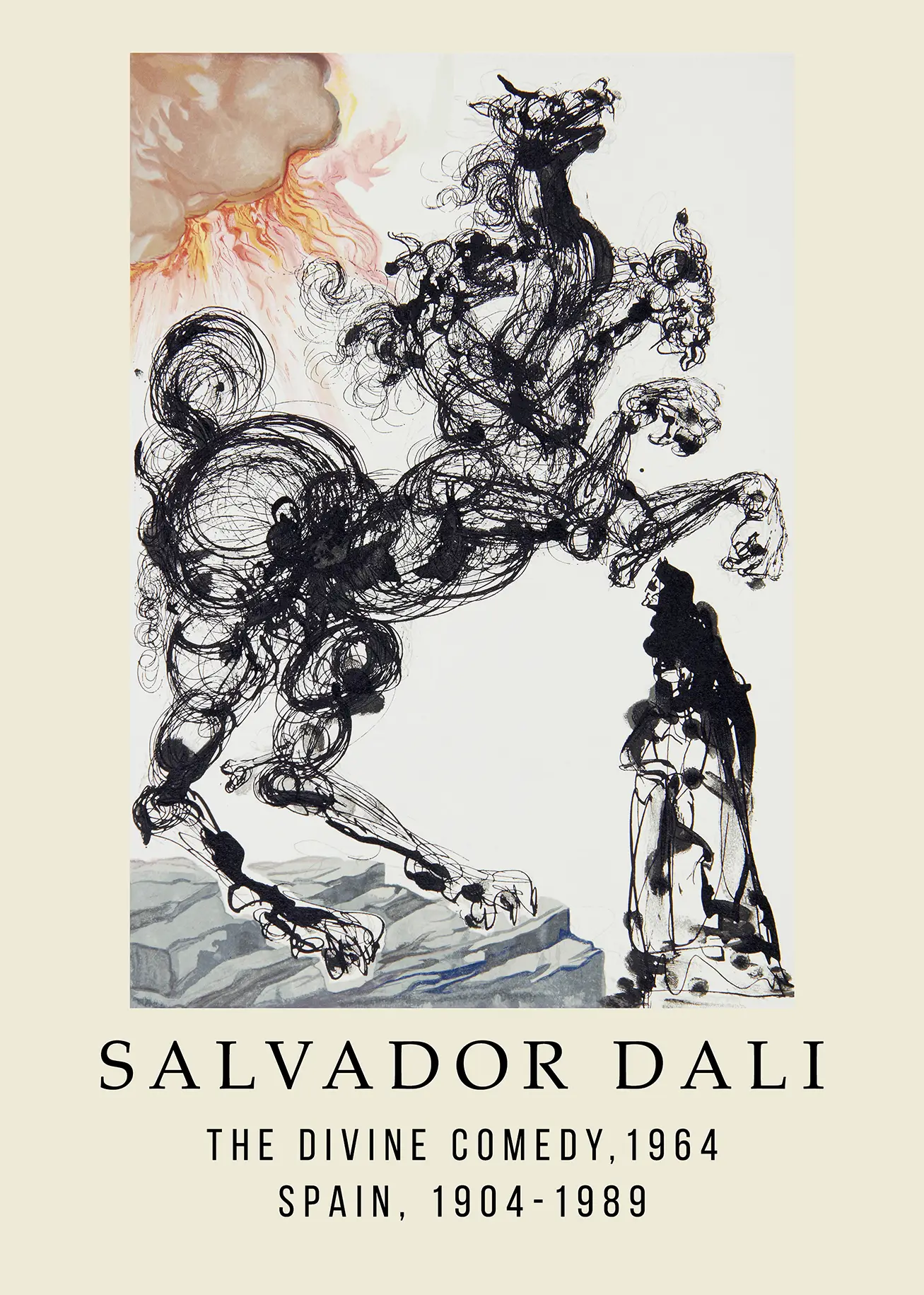 Classic Dali Divine Comedy Print - 1964 Spanish Surrealist Art Poster Dali Divine Comedy Print Featuring A Black Ink Centaur Scribbled Illustration Confronting A Hooded Figure On A White Background.