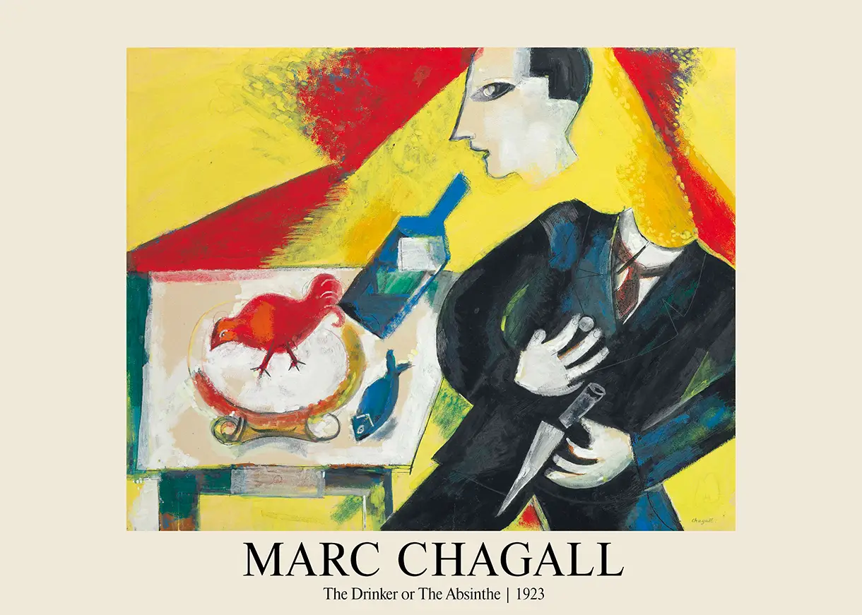 Classic Marc Chagall Absinthe Print - 1923 The Drinker Expressionist Art Marc Chagall Absinthe Print Featuring A Man In A Black Suit, A Red Rooster, And A Blue Bottle On A Bright Yellow Background.