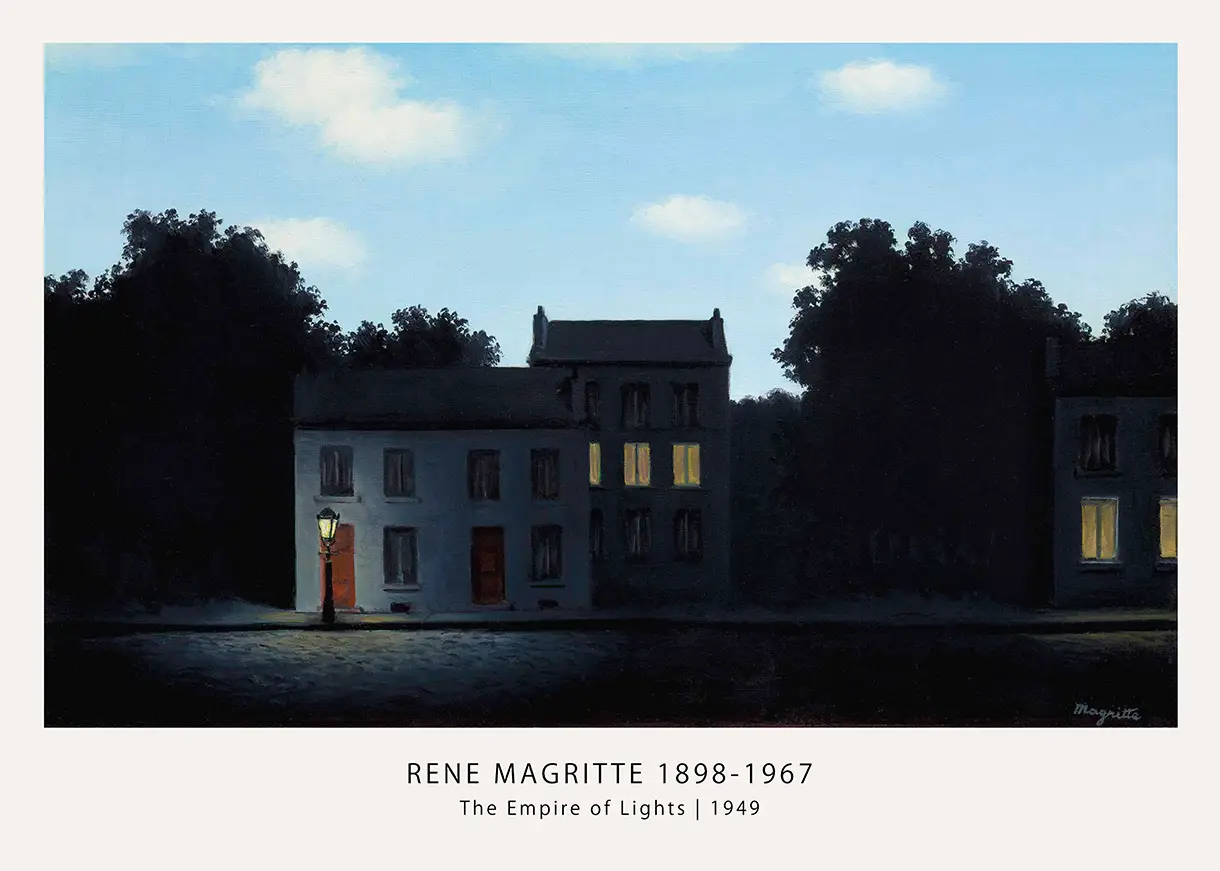 Classic Empire Of Lights Print - Rene Magritte Surrealism Wall Art Empire Of Lights Print By Rene Magritte Showing A Dark Street At Night Under A Sunny Blue Day Sky With Clouds And A Lamp.