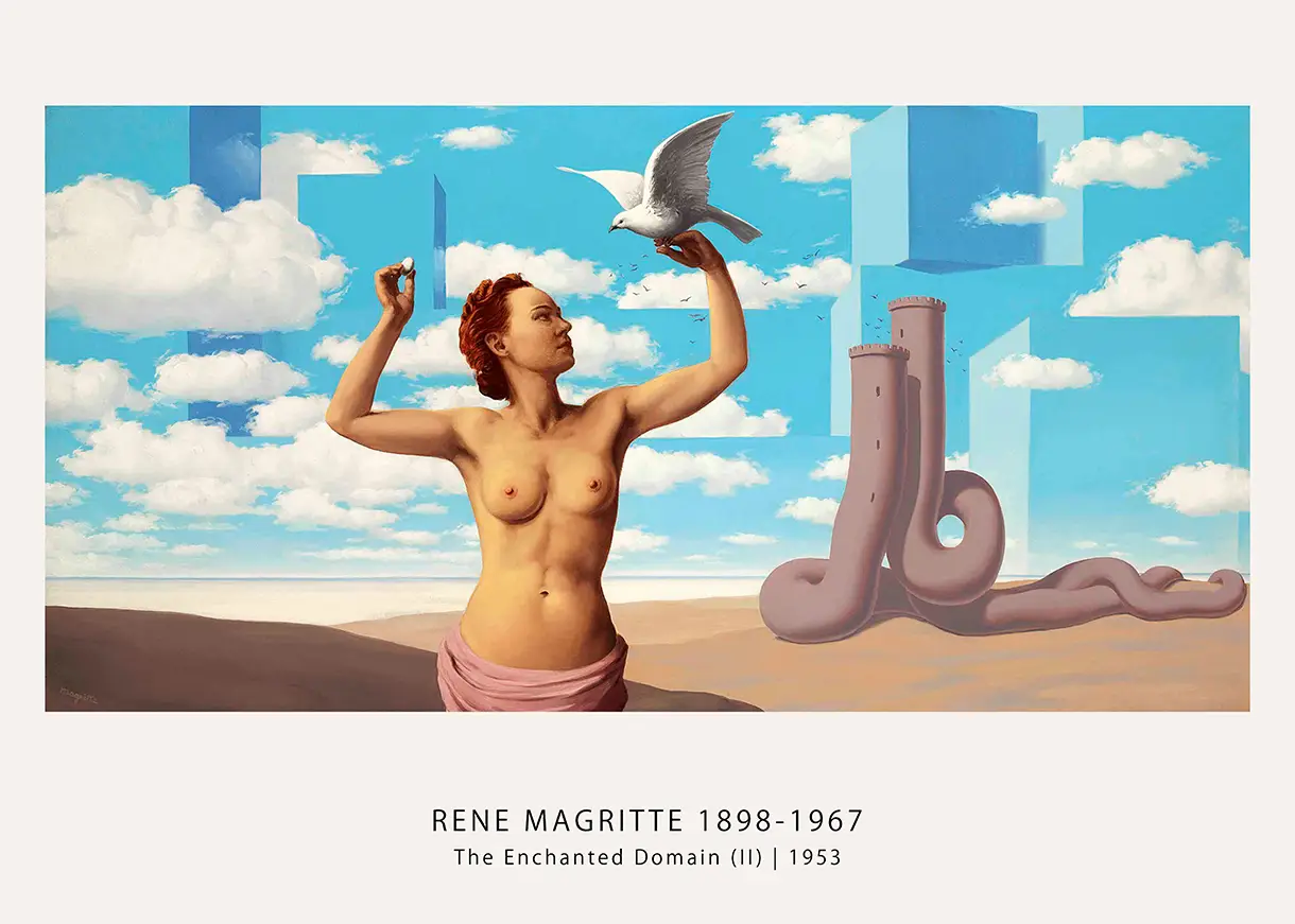 Classic Magritte Enchanted Domain Print - 1953 Surrealist Wall Art Magritte Enchanted Domain Print Depicting A Woman Holding A White Dove And Egg With A Serpentine Tower On A Surreal Beach.
