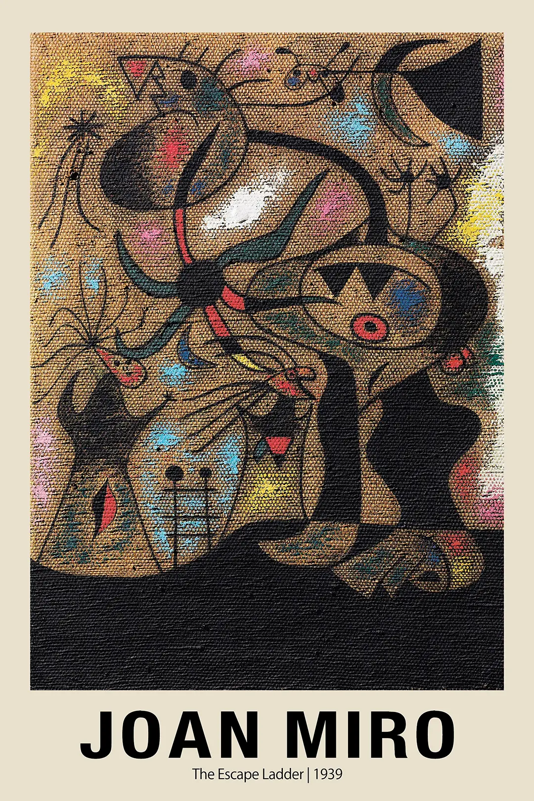 Authentic Joan Miró Escape Ladder - 1939 Surrealist Abstract Art Poster Joan Miró Escape Ladder 1939 Abstract Painting With Black Biomorphic Shapes And Colorful Accents On A Textured Background.