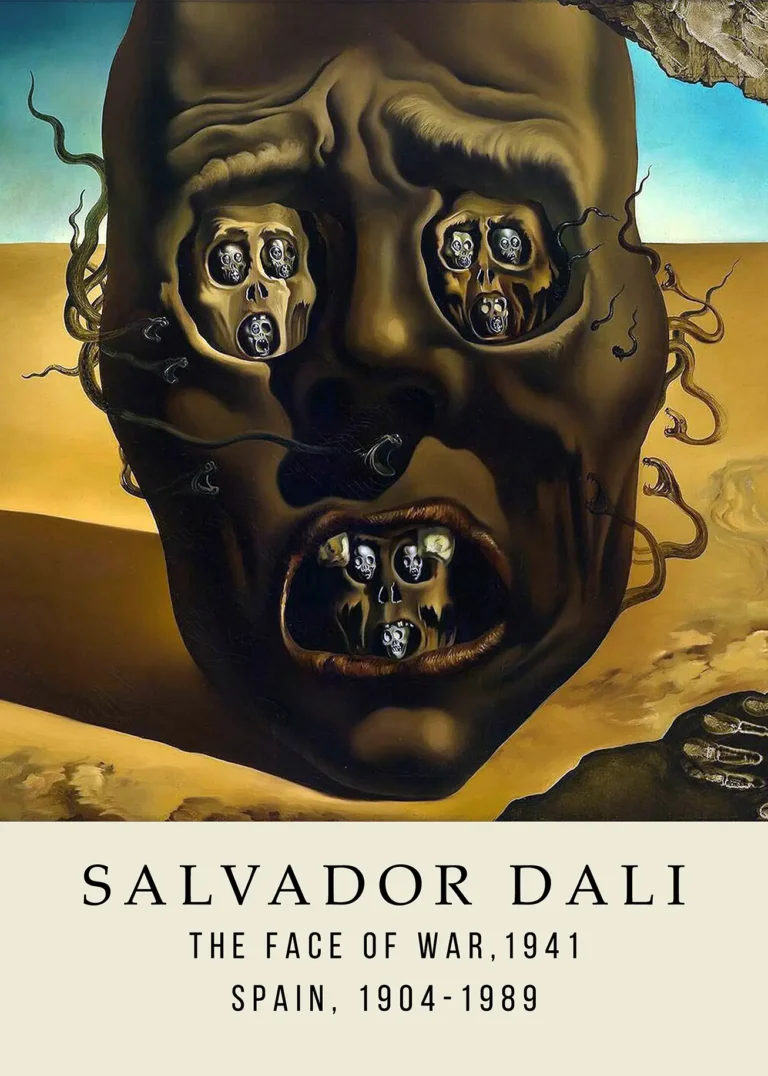 Salvador Dali Face War — haunting surrealist painting of a severed head in a barren desert