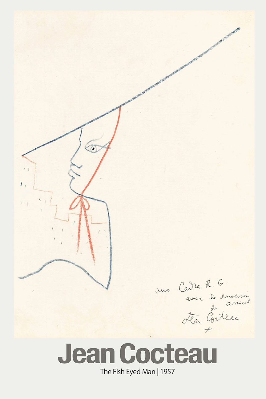 Authentic Jean Cocteau Wall Art - The Fish Eyed Man 1957 Vintage Print Jean Cocteau Wall Art Featuring The Fish Eyed Man 1957 Minimalist Line Drawing With Blue And Red Profiles On Cream Paper.