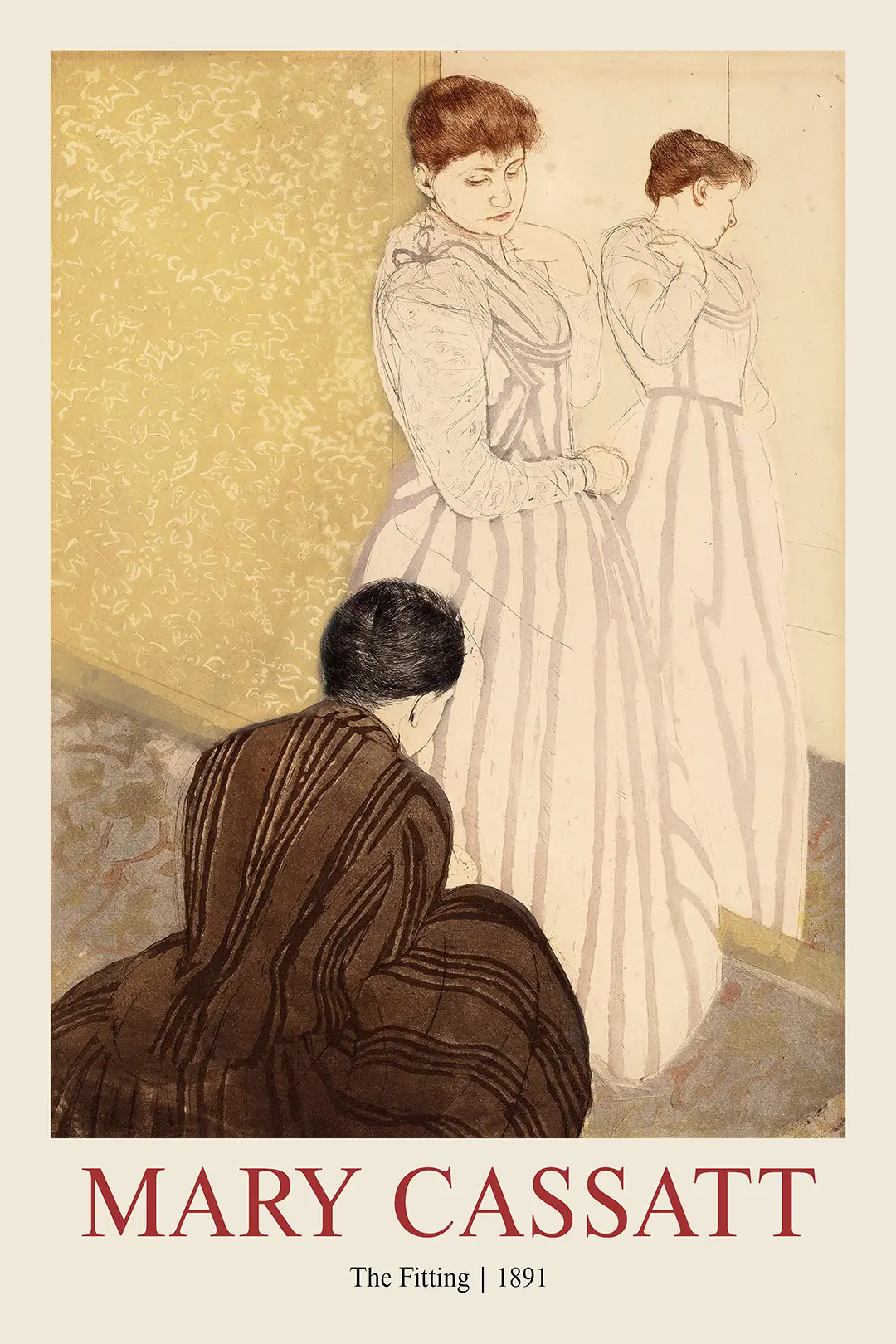 Classic Mary Cassatt Print - The Fitting 1891 Impressionist Wall Art Mary Cassatt Print: The Fitting 1891 Showing A Woman In A Striped Dress With A Kneeling Seamstress In Brown.