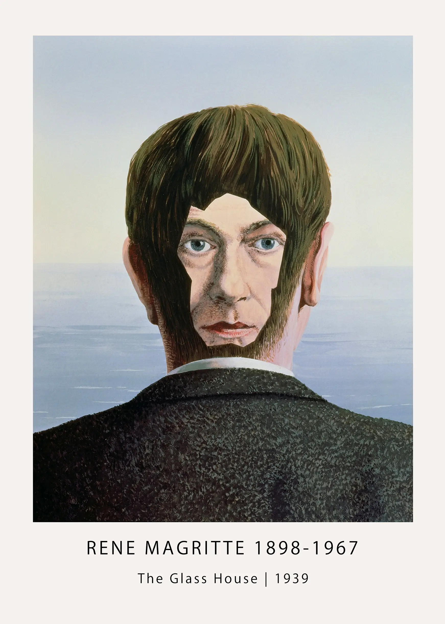 Magritte Glass House Print - Authentic 1939 Surrealist Wall Art Magritte Glass House Print Showing A Man From Behind With A Face Looking Through His Hair Against A Blue Sea Background.