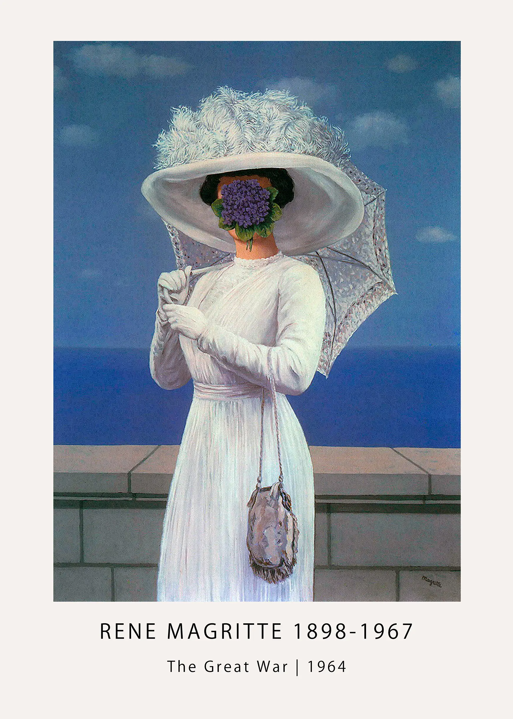 Authentic Rene Magritte The Great War - 1964 Surrealist Art Poster Rene Magritte The Great War Poster Showing A Woman In A White Dress With Purple Flowers Obscuring Her Face By The Sea.