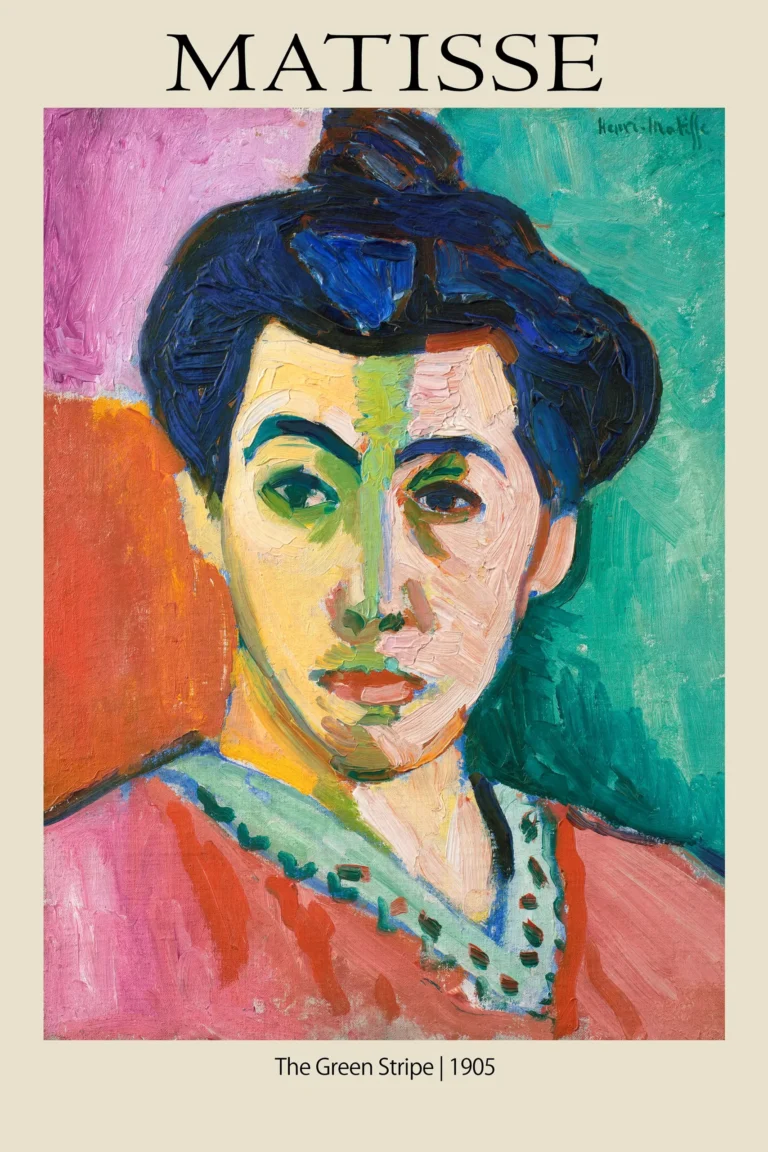 Matisse Stripe — fauvist portrait featuring a bold green line dividing a face against a