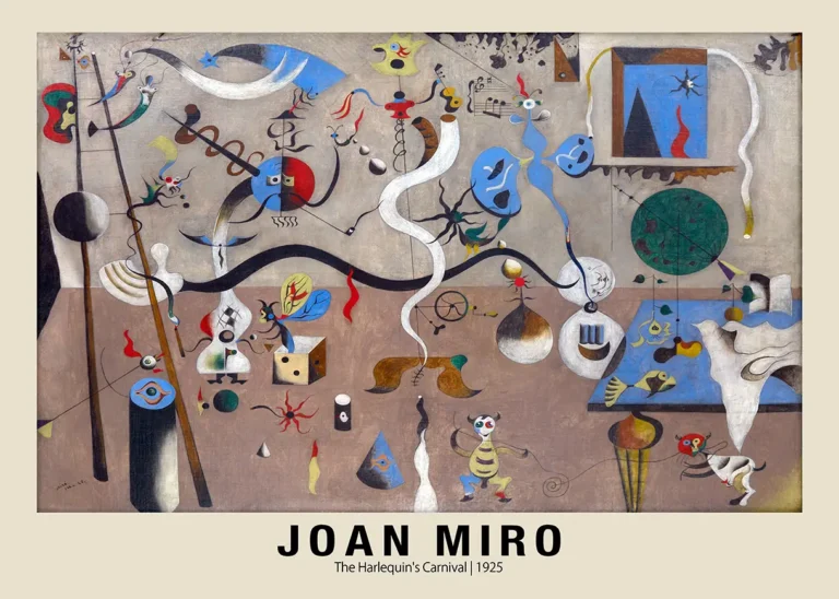 Joan Miro Harlequin's Carnival — detailed surrealist composition featuring biomorphic shapes and a