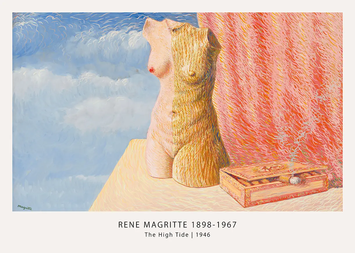 Classic Rene Magritte Art Print - The High Tide 1946 Surrealist Wall Art Rene Magritte Art Print Showing The High Tide 1946 Surrealist Painting With A Female Torso And Cigar Box By The Sea.