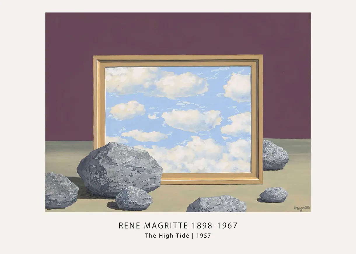 Exclusive Magritte High Tide Print - 1957 Surrealist Wall Art Magritte High Tide Print Showing A Framed Sky With Clouds Placed On Ground With Rocks Under A Dark Purple Sky.