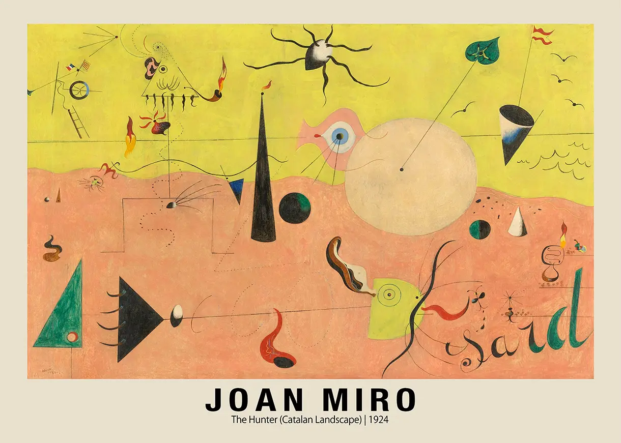 Joan Miro Catalan Landscape print featuring a hunter figure, geometric shapes, and a pipe against yellow and pink fields.
