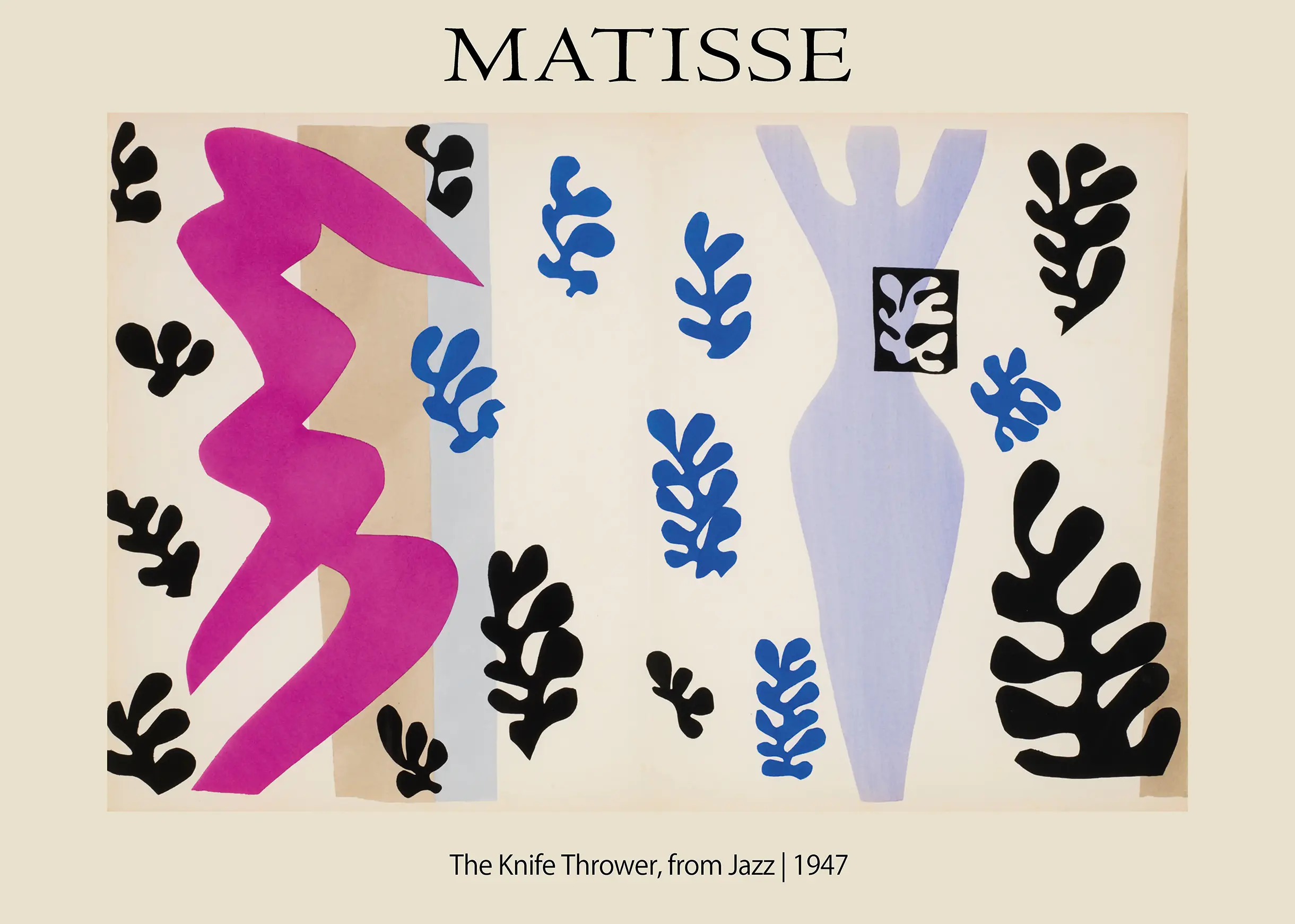 Authentic Matisse Jazz Print - 1947 The Knife Thrower Abstract Wall Art Matisse Jazz Print The Knife Thrower Featuring Magenta And Blue Abstract Gouache Cut-Out Shapes On A Cream Background.