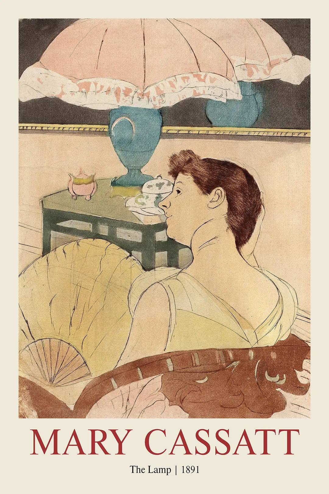 Mary Cassatt The Lamp - 1891 Impressionist Fine Art Wall Print Mary Cassatt The Lamp Print Showing A Woman With A Fan Next To A Large Pink And Teal Lamp In 1891 Impressionist Style.