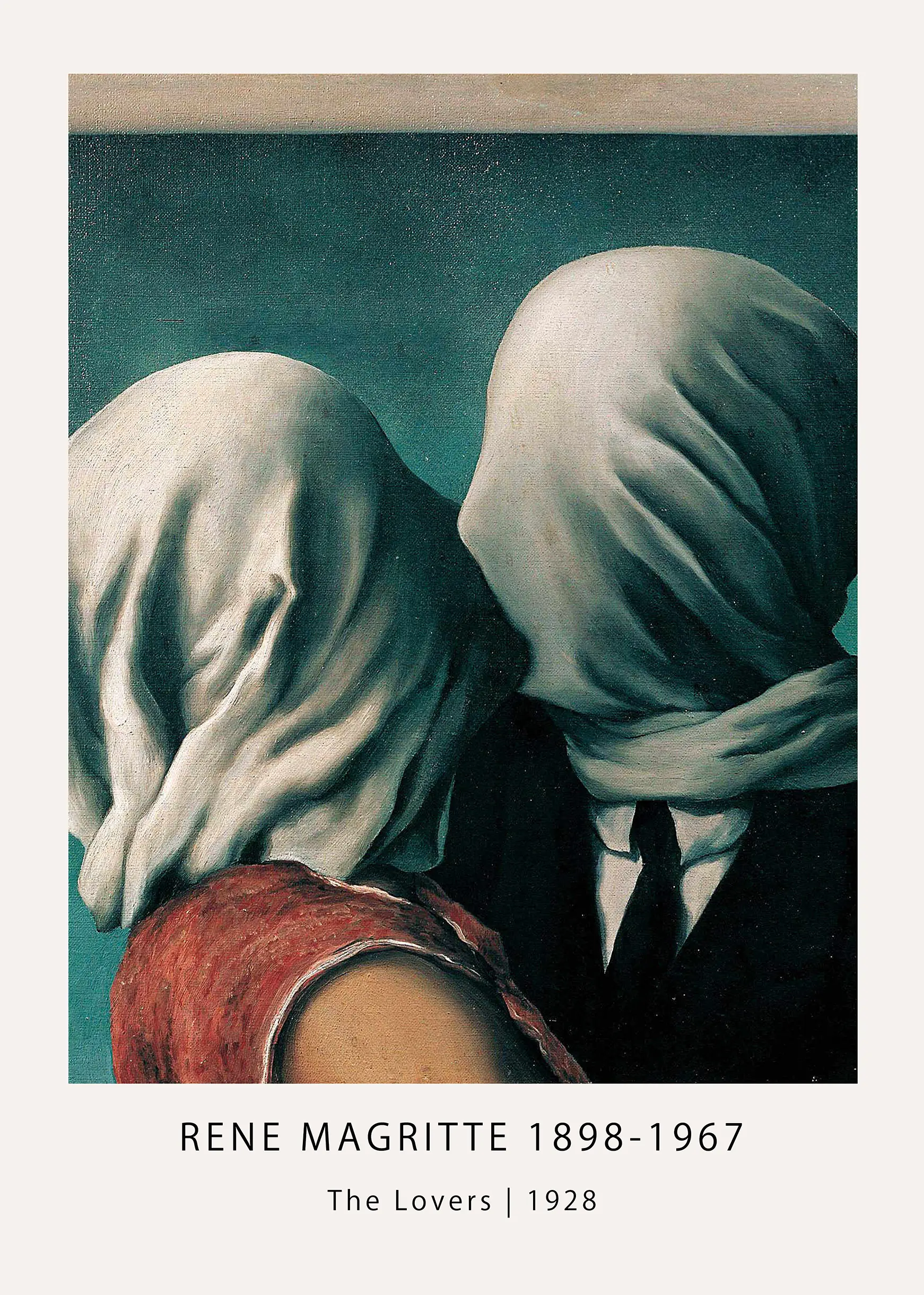 Classic Rene Magritte Lovers Print - Surrealist 1928 Fine Art Decor Rene Magritte Lovers Print Showing Two Veiled Figures Kissing Against A Dark Blue Background In Surrealist Style.