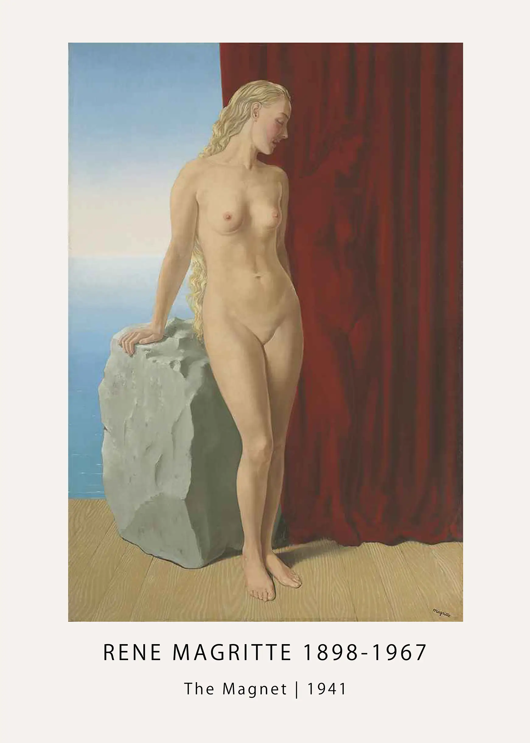 Rene Magritte The Magnet - 1941 Surrealist Nude Wall Art Print Rene Magritte The Magnet. Nude Blonde Woman Standing By A Rock And Red Curtain Overlooking The Sea In A Surrealist Painting.