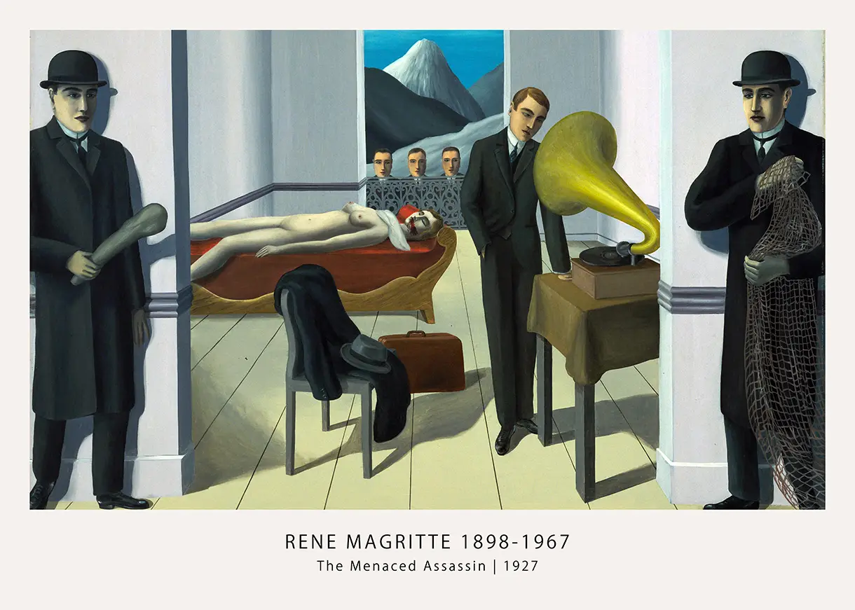 Classic The Menaced Assassin - 1927 Rene Magritte Surrealist Art Poster The Menaced Assassin Print By Rene Magritte Showing A Man Listening To A Gramophone In A Room With A Corpse And Detectives.