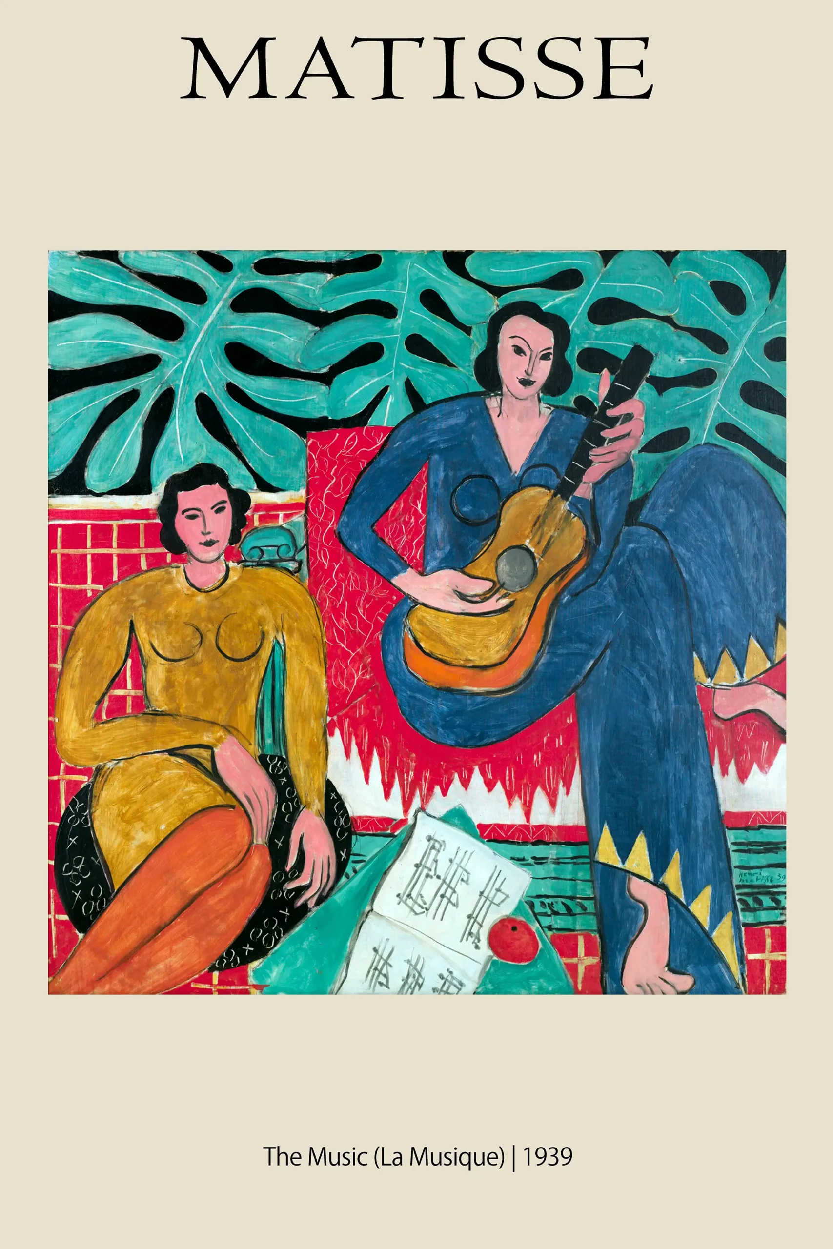 Matisse La Musique Print - Authentic 1939 Fauvist Art Wall Decor Matisse La Musique Print Showing Two Women With A Guitar And Large Green Leaves In A 1939 Fauvist Painting Style.