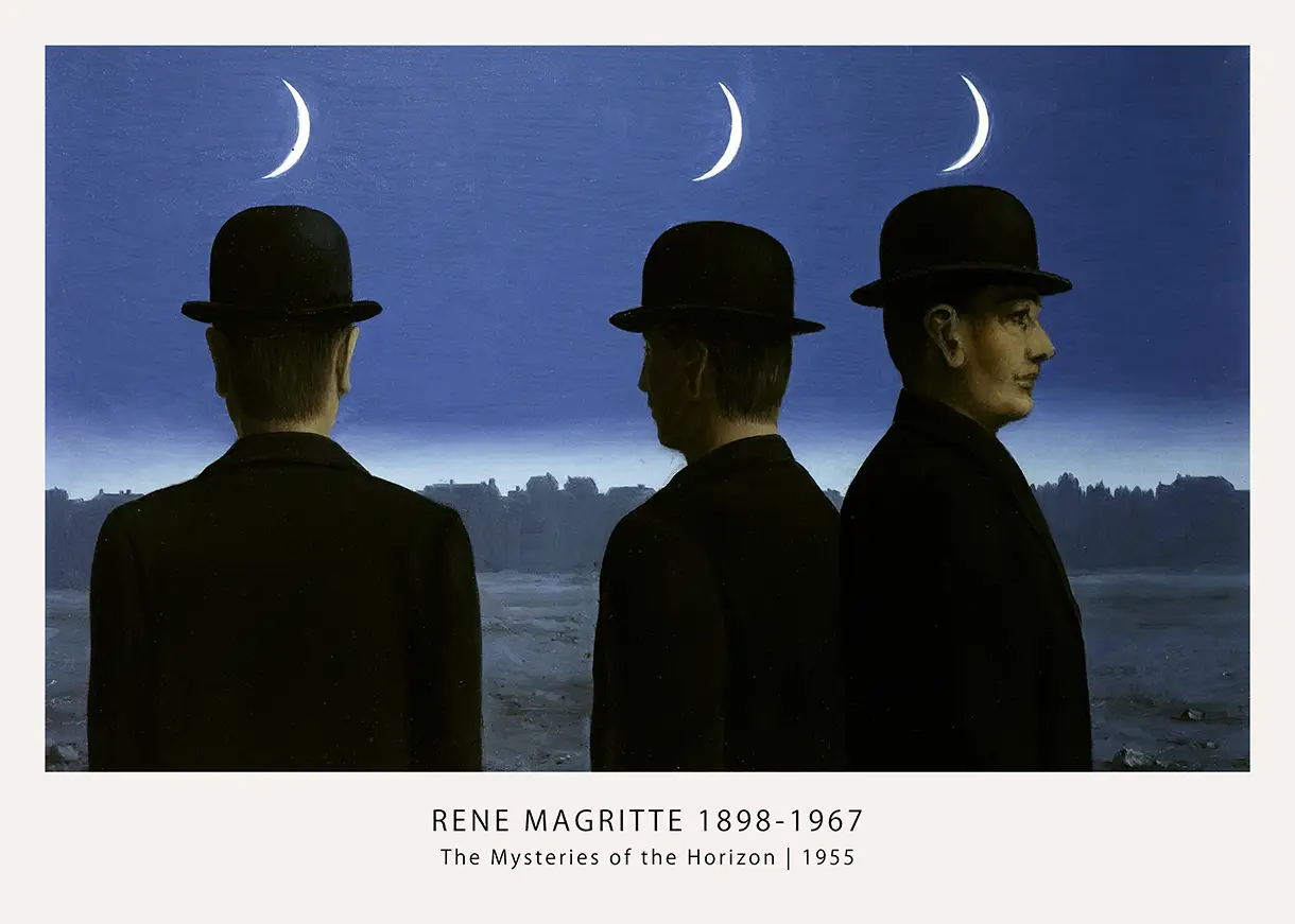 Authentic Magritte Horizon Poster - 1955 Surrealist Art Print Magritte Horizon Poster Showing Three Men In Bowler Hats Under Three Crescent Moons In A Dark Twilight Scene.