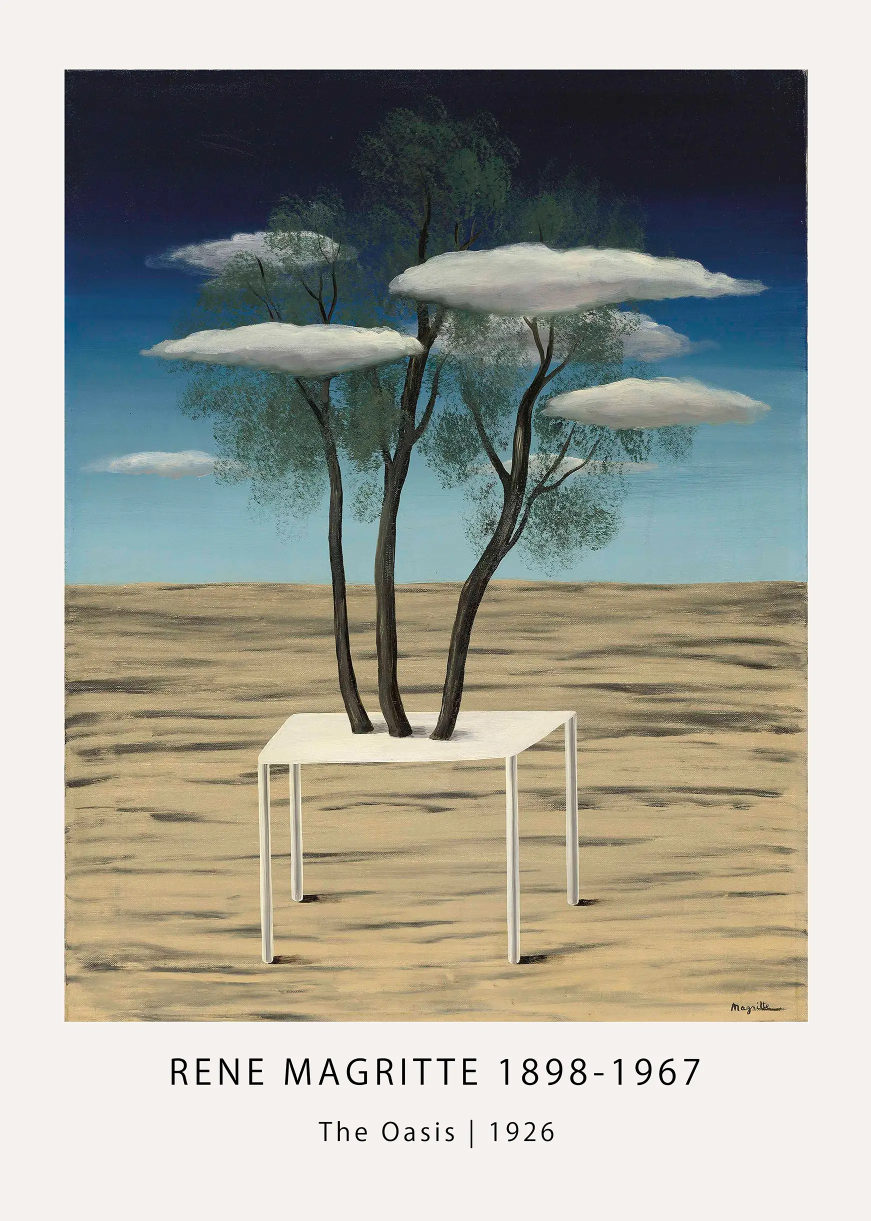 Magritte Desert Trees Print - 1926 Rene Magritte Surrealist Art Magritte Desert Trees Print Showing Trees Growing From A Table In A Desert Landscape With Clouds In The Sky.