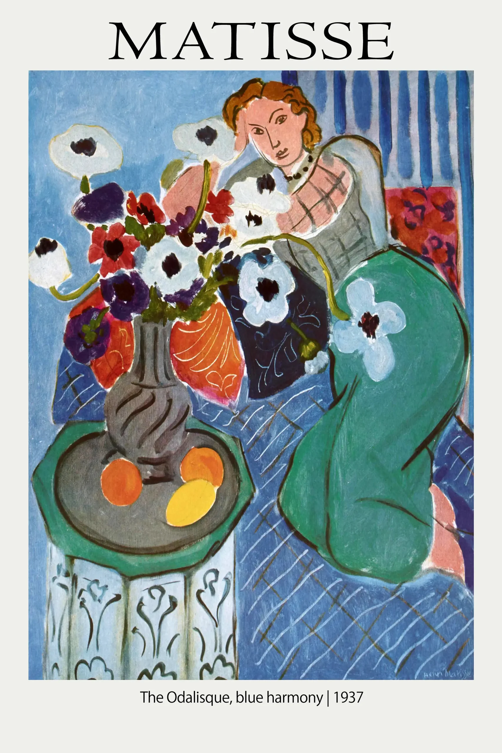 Classic Matisse Odalisque Print: 1937 Blue Harmony Fauvist Wall Art Matisse Odalisque Print Featuring A Woman In A Green Skirt With White Anemones And Blue Striped Background Patterns.