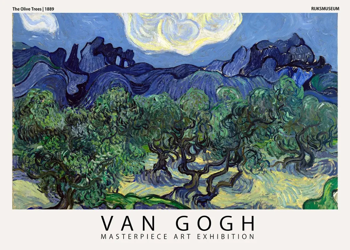 Van Gogh Olive Trees print featuring swirling green trees and blue mountains in a white exhibition poster border.