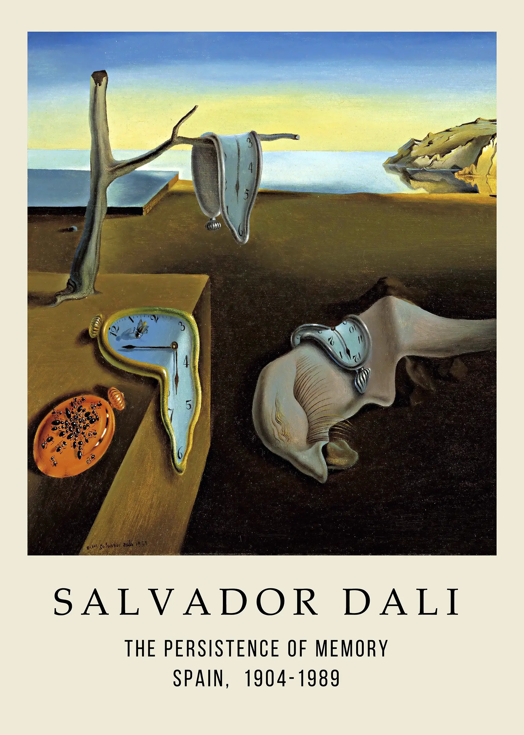 Salvador Dali Poster - The Persistence Of Memory Surrealist Wall Art Salvador Dali Poster Showing Melting Pocket Watches On A Shoreline In The Persistence Of Memory Surrealist Painting.