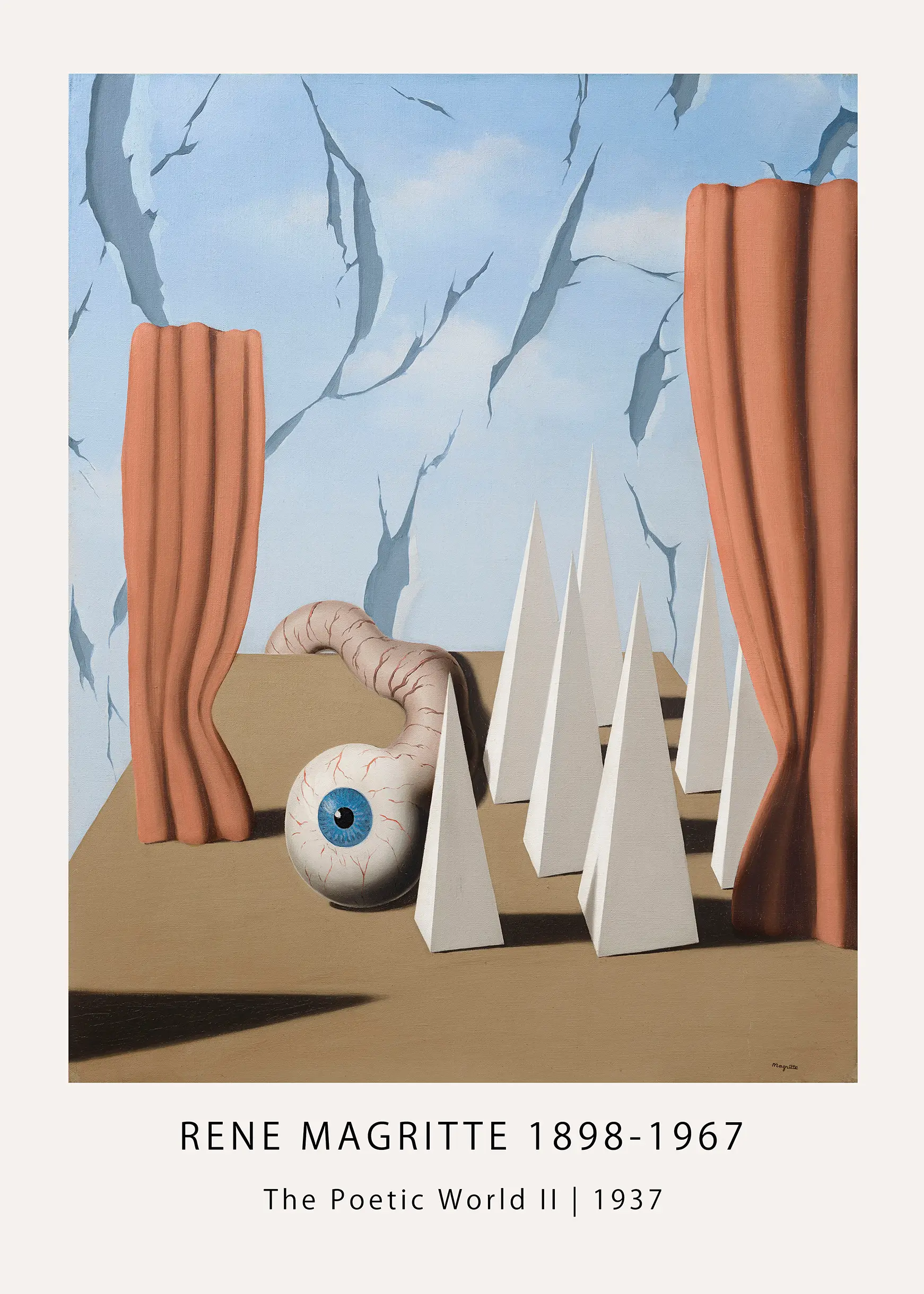 Authentic Rene Magritte Print - The Poetic World Ii 1937 Surreal Art Rene Magritte Print Of The Poetic World Ii With Eyeball Creature, Pyramids, And Curtains On Museum-Grade Matte Paper.