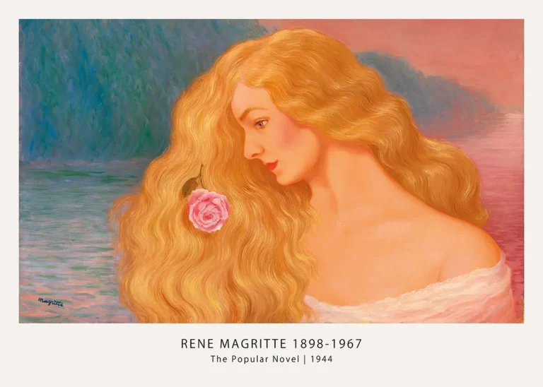 Popular Novel — popular Novel print with blonde hair, a pink rose, sunset water, and
