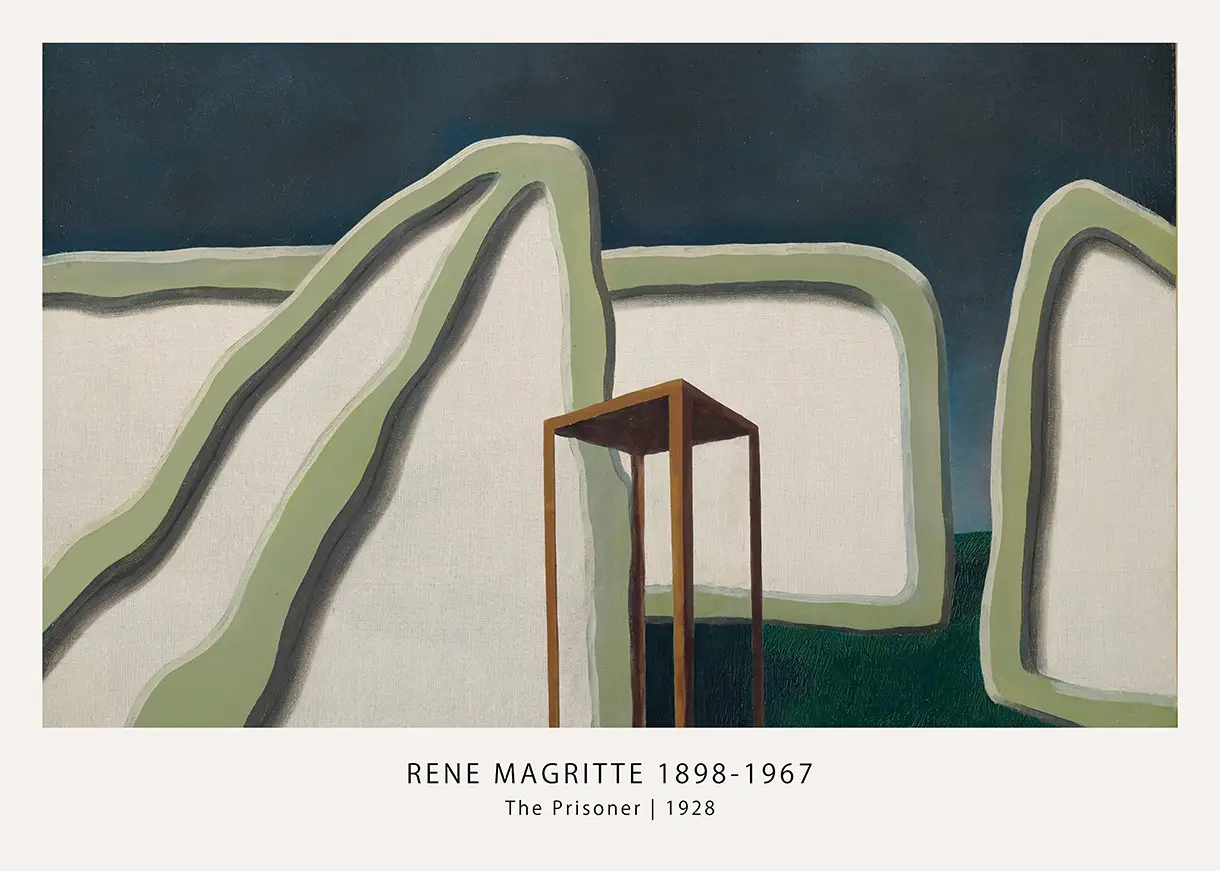 Exclusive Magritte Prisoner Print - 1928 Surrealist Art Poster Magritte Prisoner Print Showing A 1928 Surrealist Painting With White Geometric Forms And A Dark Twilight Sky.