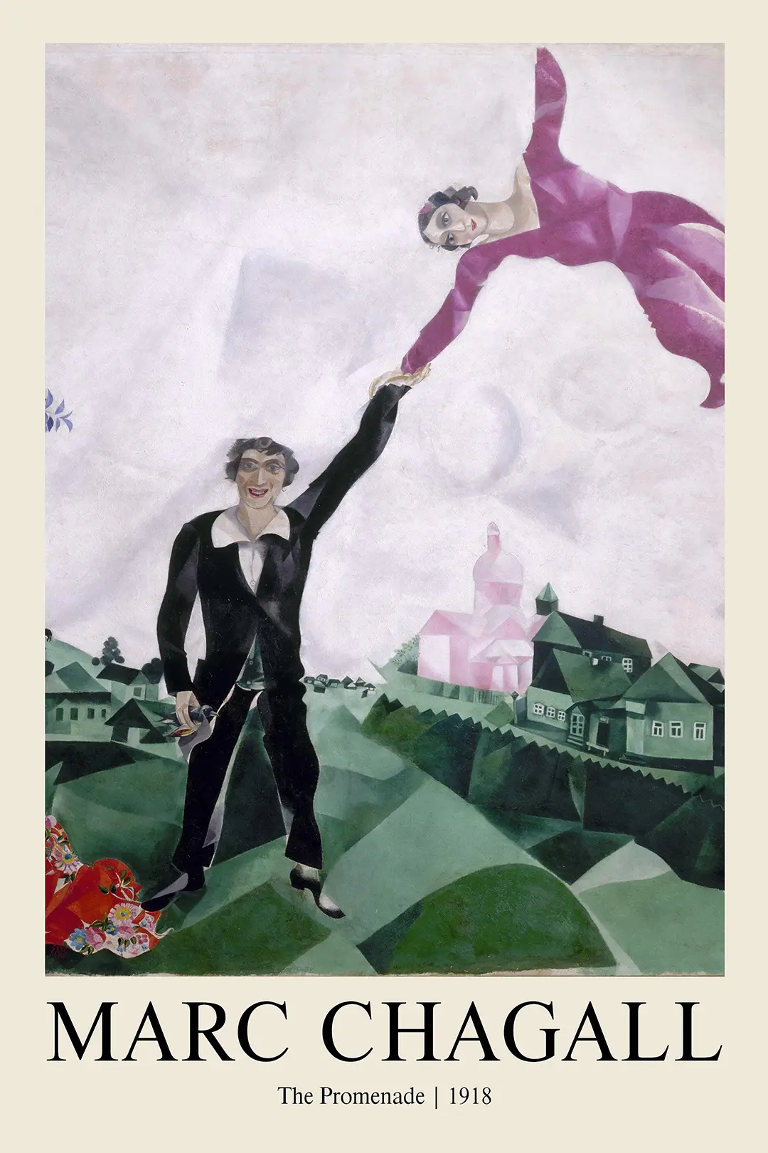 Exclusive Marc Chagall Promenade - 1918 Russian Avant-Garde Fine Art Poster Marc Chagall Promenade Art Print Featuring A Man Holding A Floating Woman In A Purple Dress Over A Green Village.