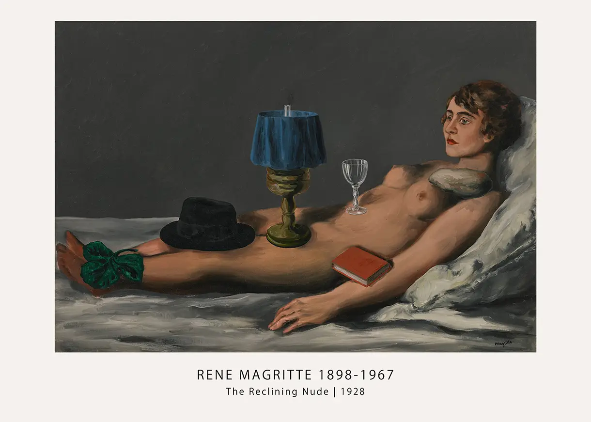 Classic Rene Magritte Poster - The Reclining Nude 1928 Surrealist Wall Art Rene Magritte Poster Of The Reclining Nude 1928 Featuring A Nude Woman With Objects Like A Bowler Hat And Lamp On Her Body.