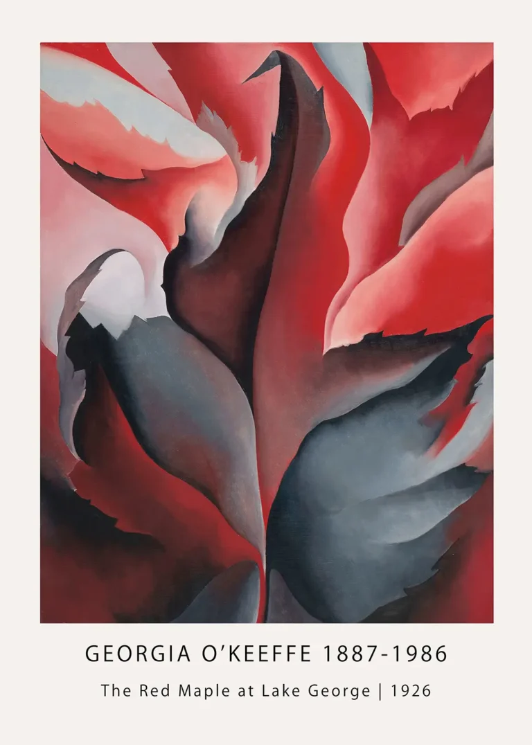 Georgia O'Keeffe print showing sharp red and dark grey maple leaves from The Red Maple at Lake George 1926.