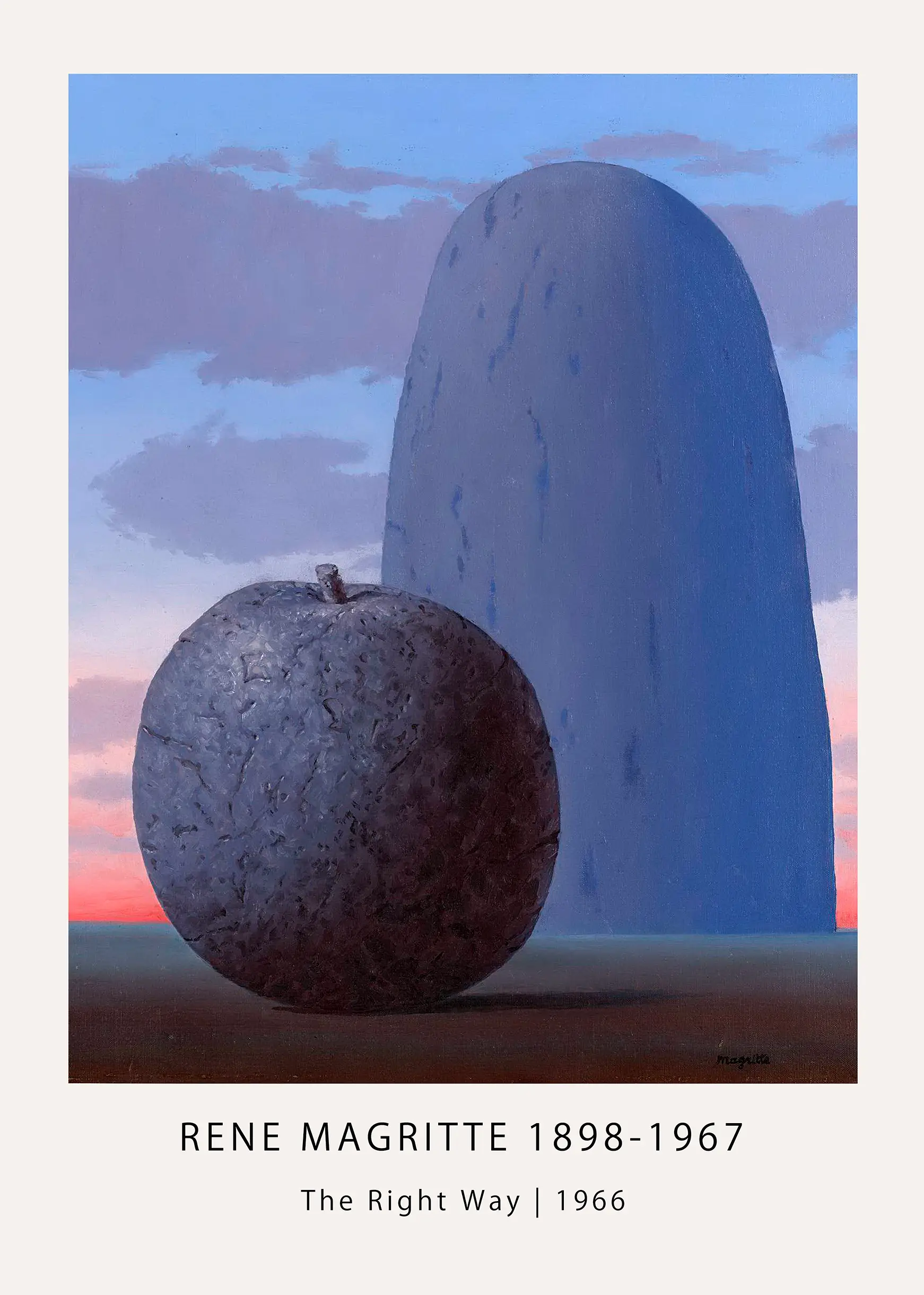 Authentic Rene Magritte Print - The Right Way 1966 Surrealist Wall Art Rene Magritte Print Of The Right Way 1966 Featuring A Stone Apple And A Large Monolith Against A Twilight Sky.