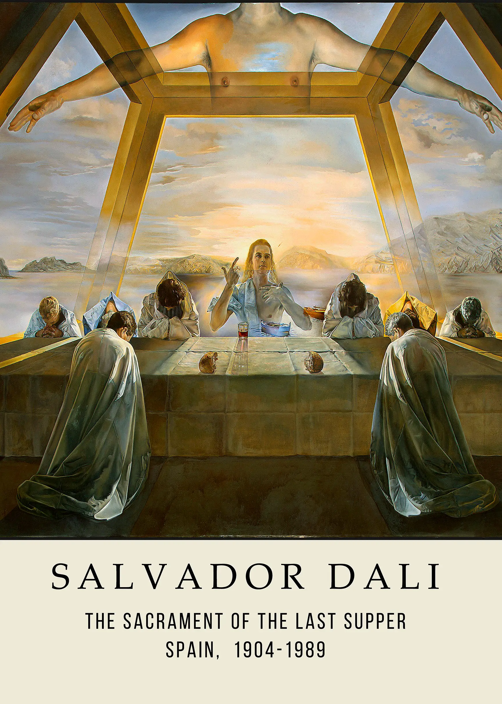 Exclusive Dalí Last Supper Print - Surrealist Modern Religious Wall Art Dalí Last Supper Print Showing Christ And Twelve Disciples Inside A Large Geometric Dodecahedron Over A Spanish Bay.