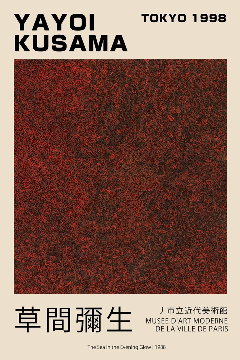 Yayoi Kusama Sea Evening — dense web of intricate red and black organic patterns from Yayoi