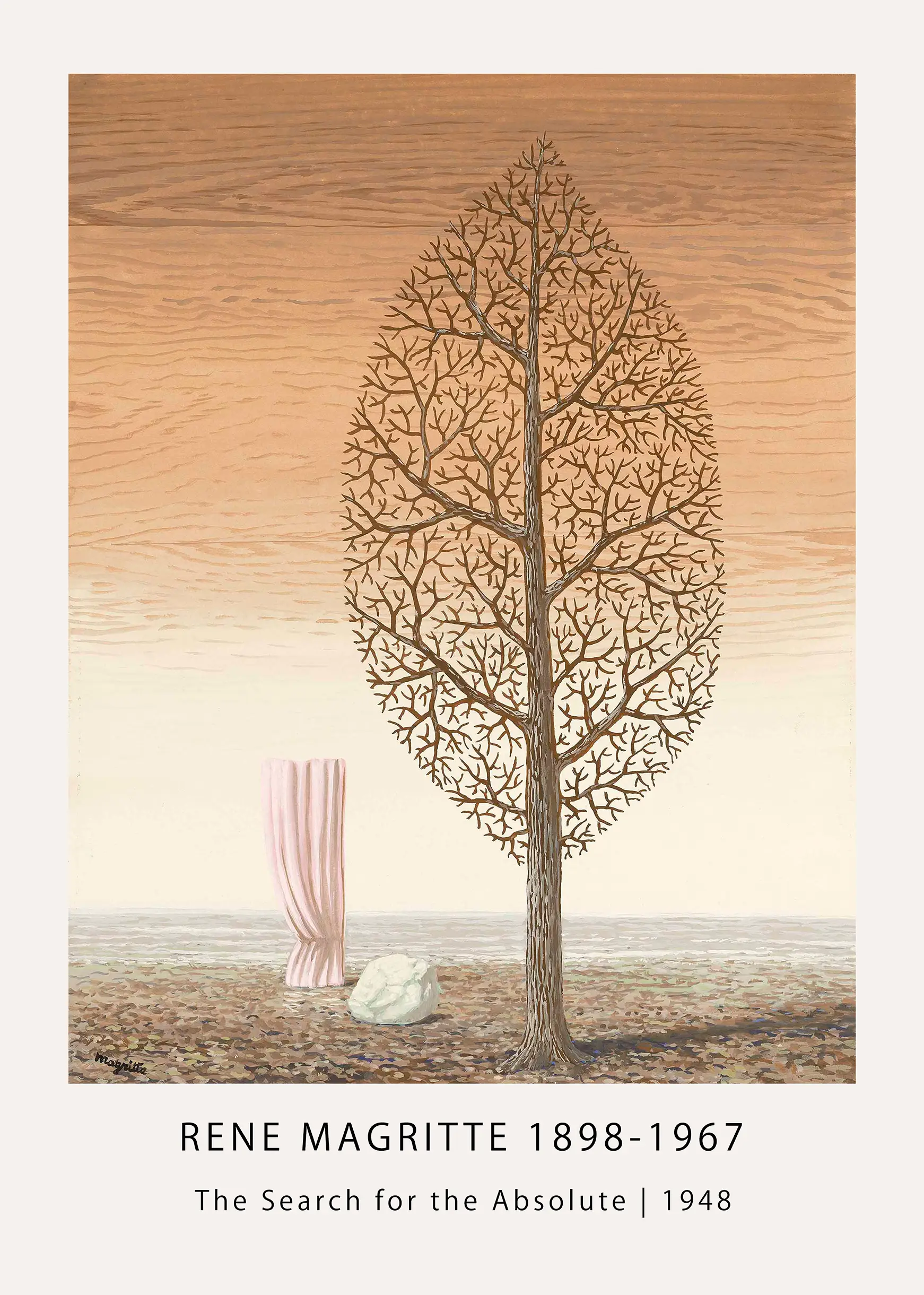 Exclusive Rene Magritte Print - The Search For The Absolute 1948 Poster Rene Magritte Print Showing The Search For The Absolute 1948 With A Leaf-Shaped Tree, Pink Curtain, And Wood-Grain Sky.